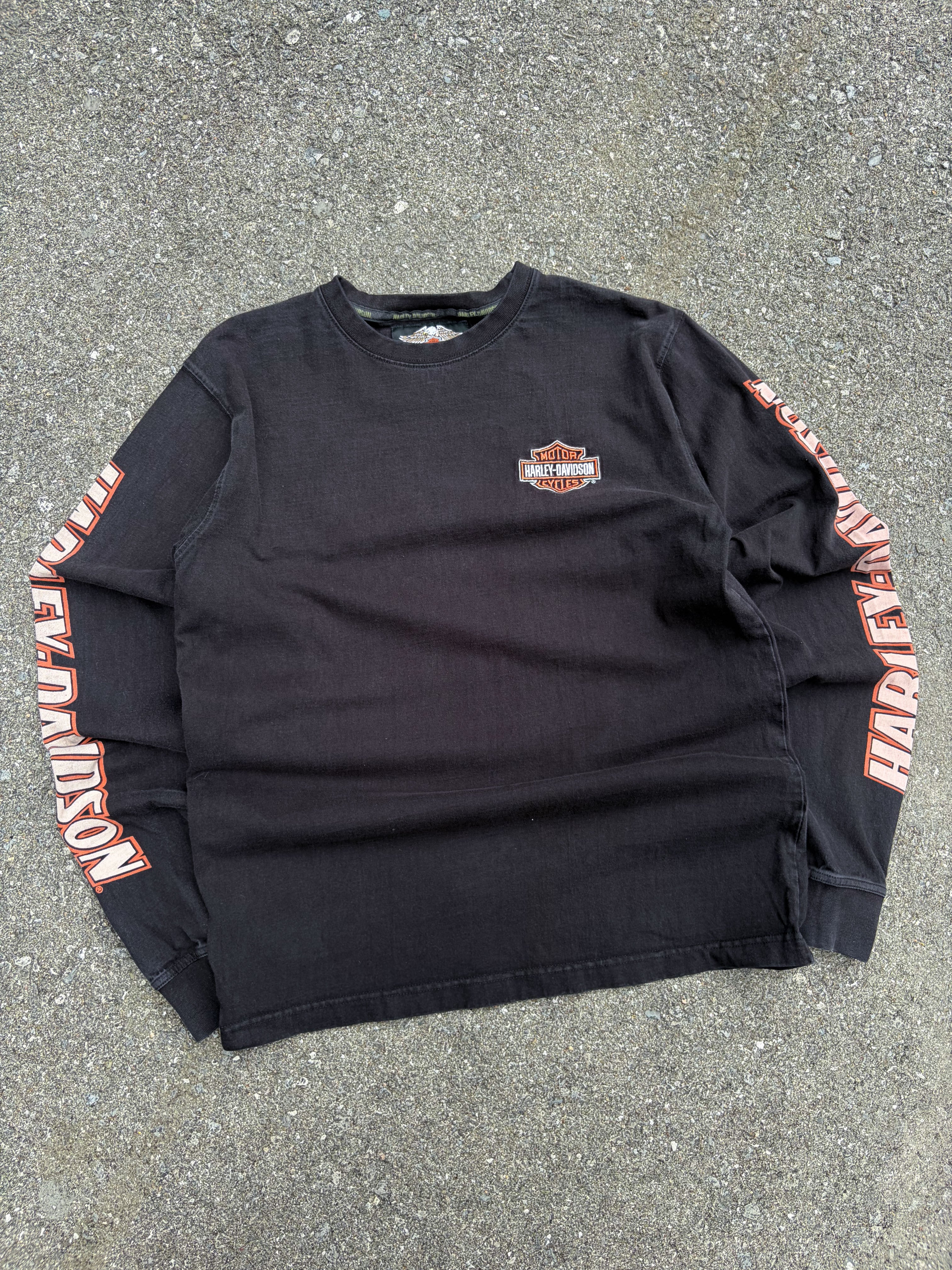 Vintage Harley Davidson Embroidered Classic Logo Long Sleeve Spellout T-Shirt Size Medium