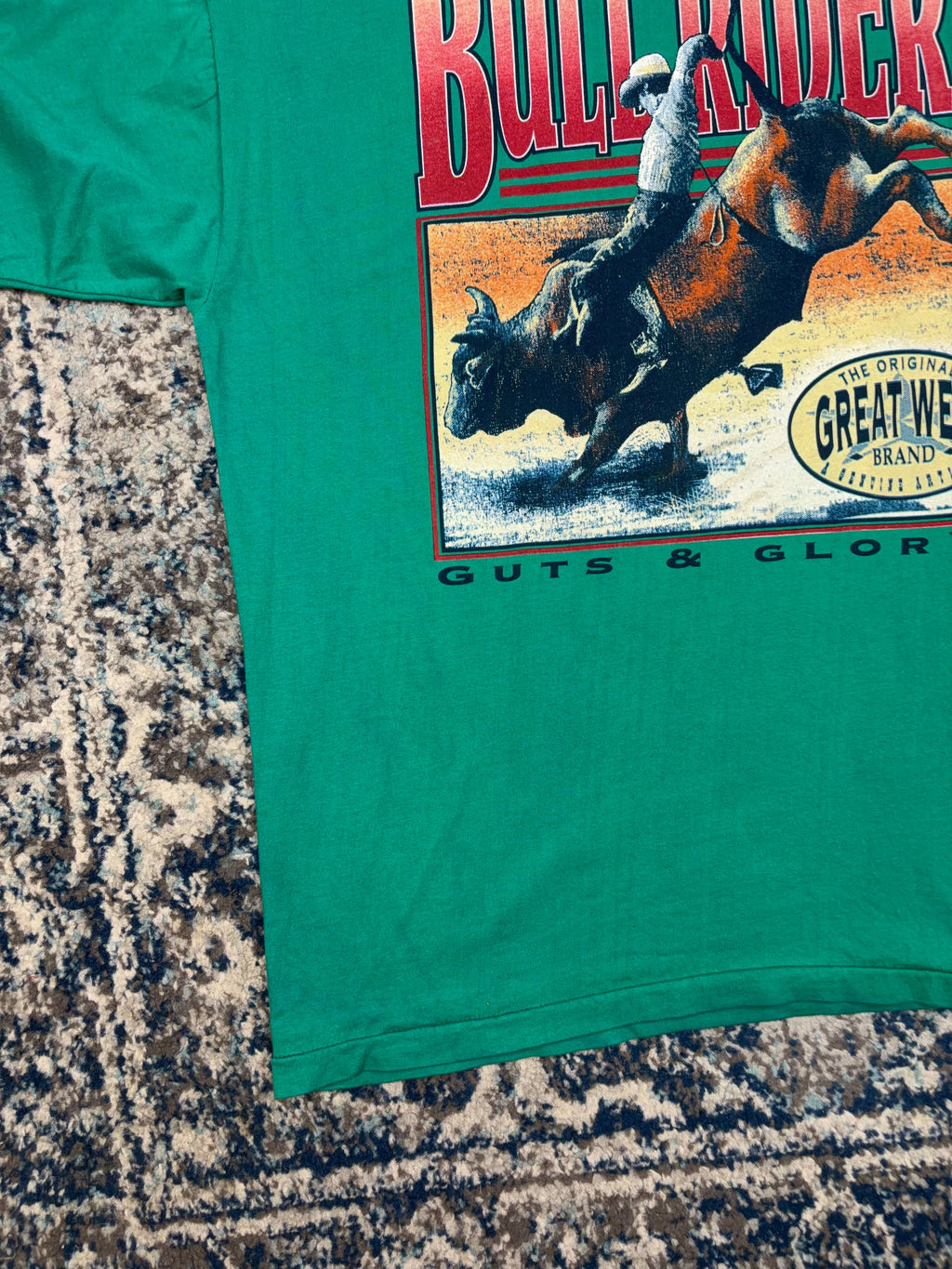 Vintage Rodeo Bullrider Guts & Glory Cowboy Graphic Spellout T-Shirt Size XL
