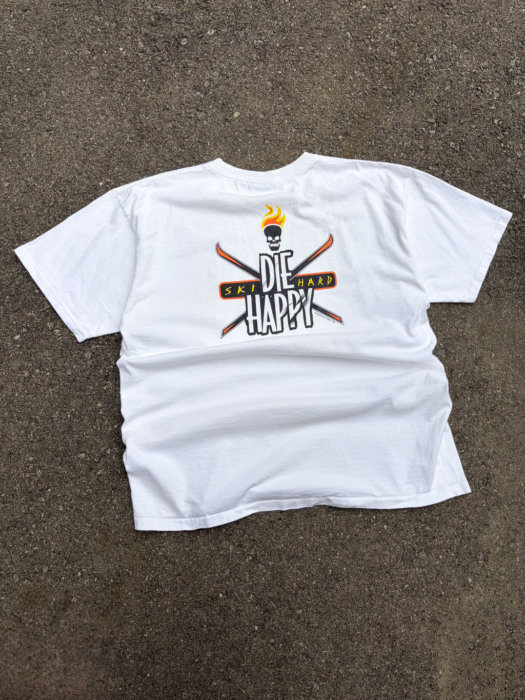 Vintage 1998 Ski Hard Die Happy Skull & Crossbones Graphic T-Shirt Size Large