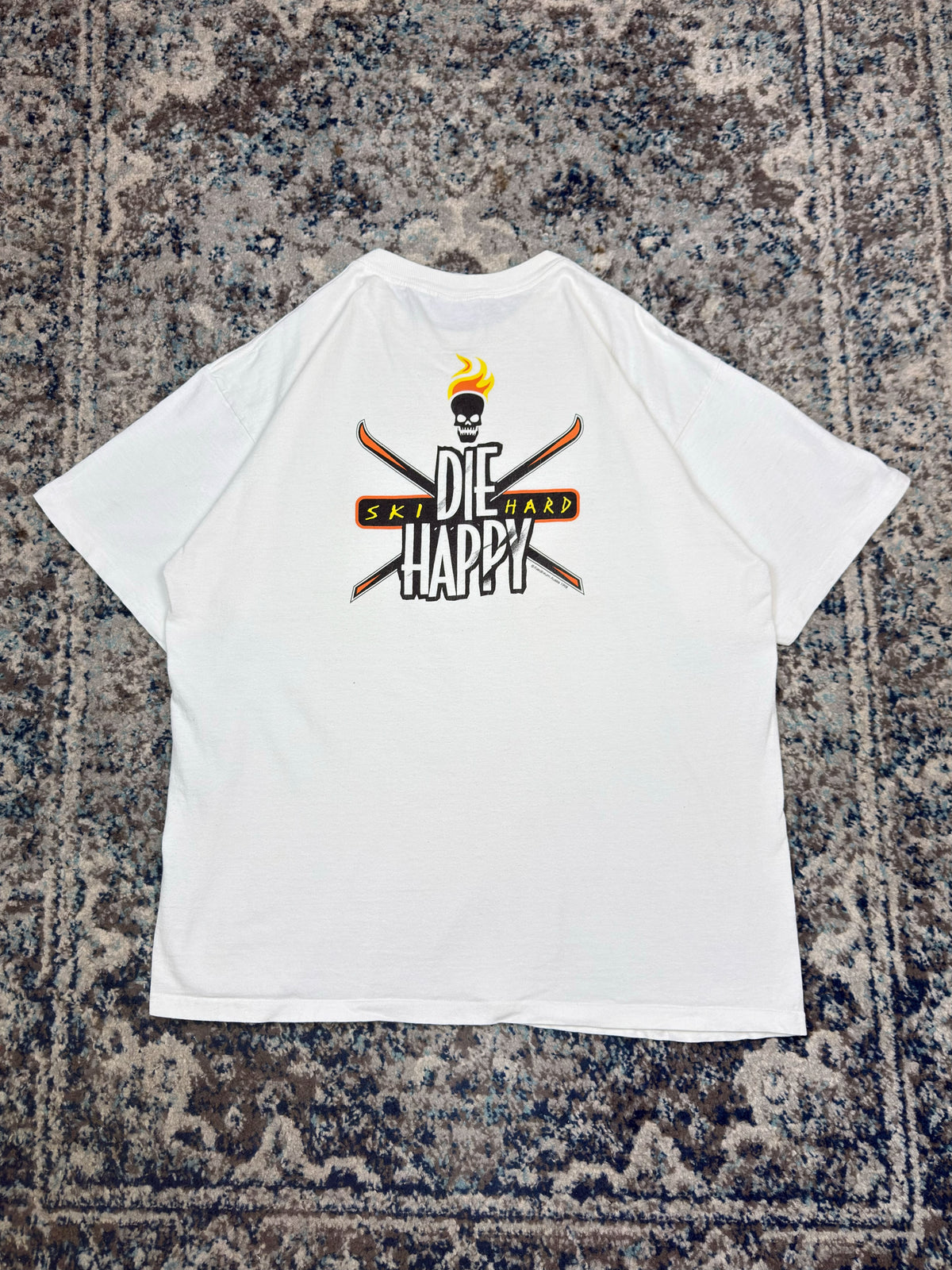 Vintage 1998 Ski Hard Die Happy Skull & Crossbones Graphic T-Shirt Size Large