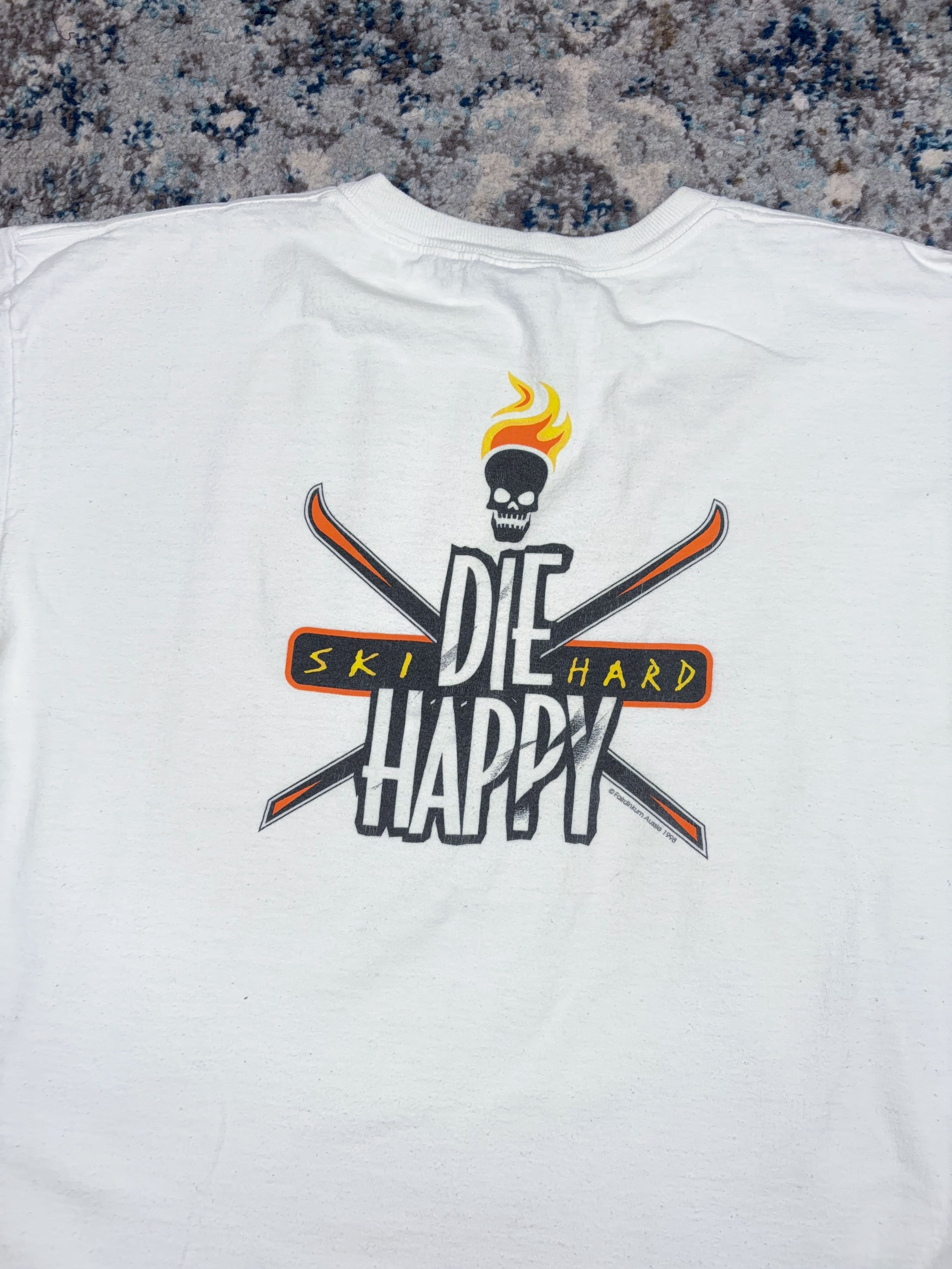 Vintage 1998 Ski Hard Die Happy Skull & Crossbones Graphic T-Shirt Size Large
