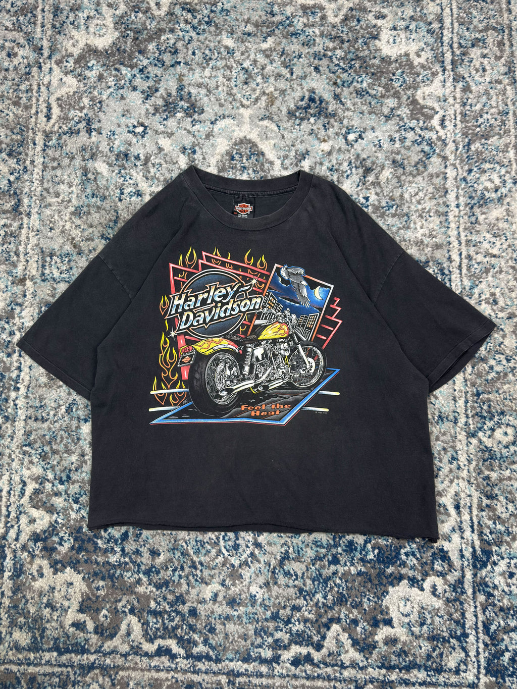Vintage 1995 Harley Davidson Feel The Heat Neon Graphic Cropped T-Shirt Size 2XL