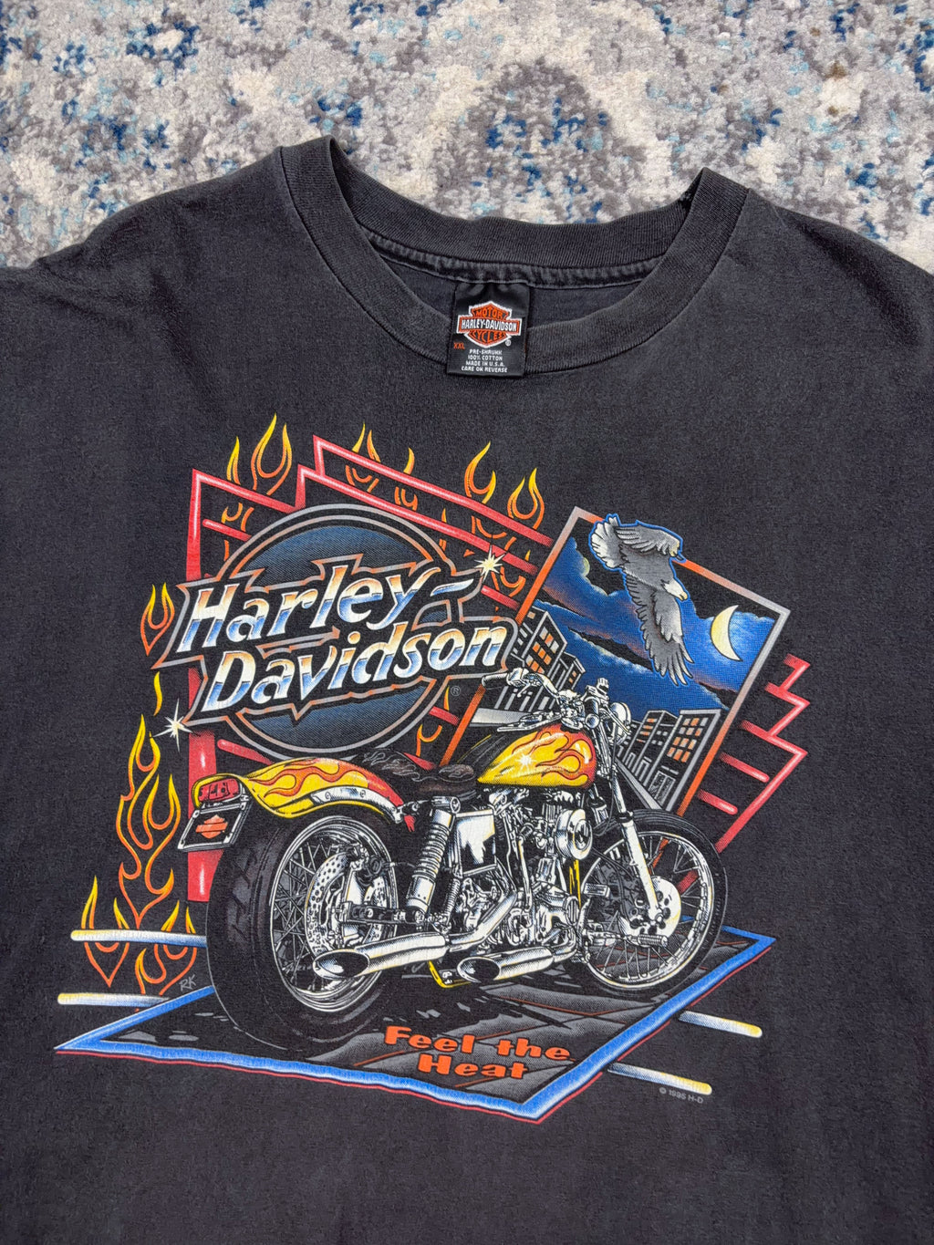 Vintage 1995 Harley Davidson Feel The Heat Neon Graphic Cropped T-Shirt Size 2XL