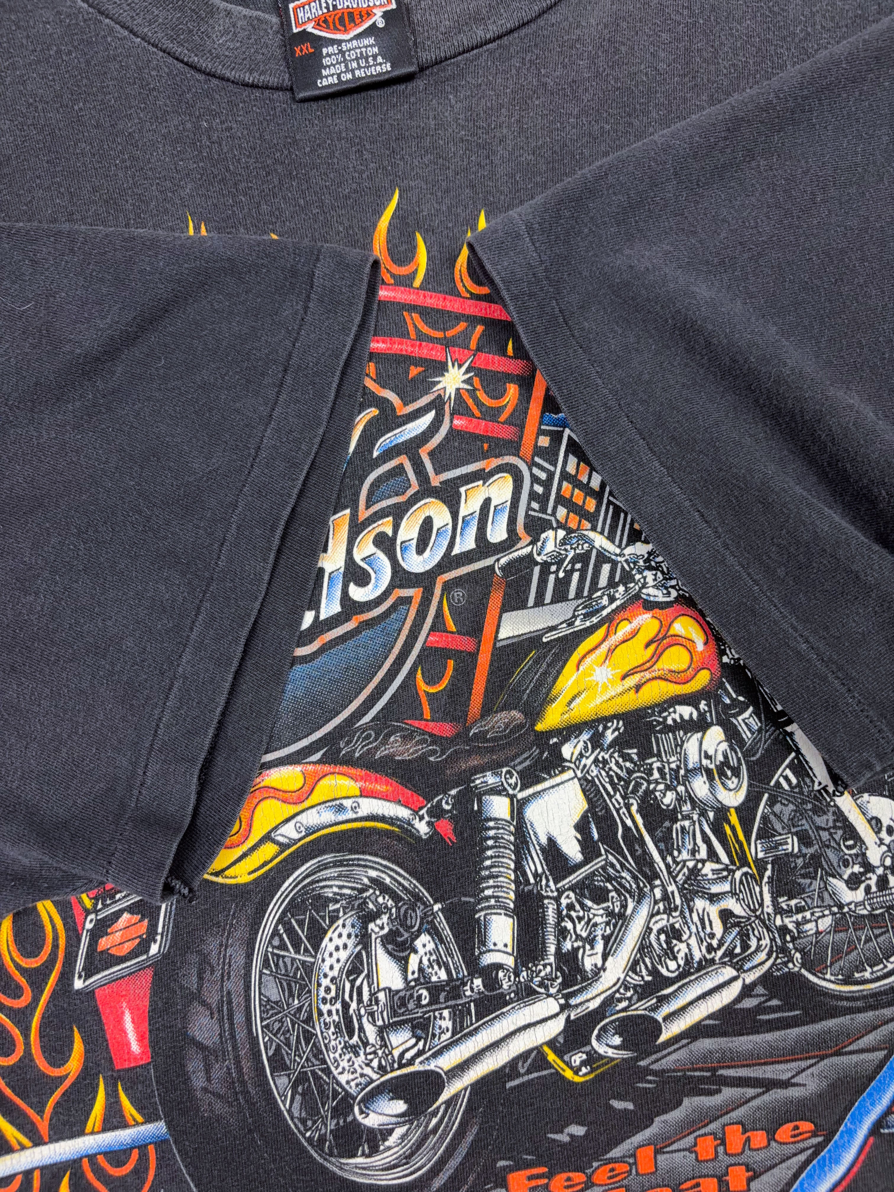 Vintage 1995 Harley Davidson Feel The Heat Neon Graphic Cropped T-Shirt Size 2XL