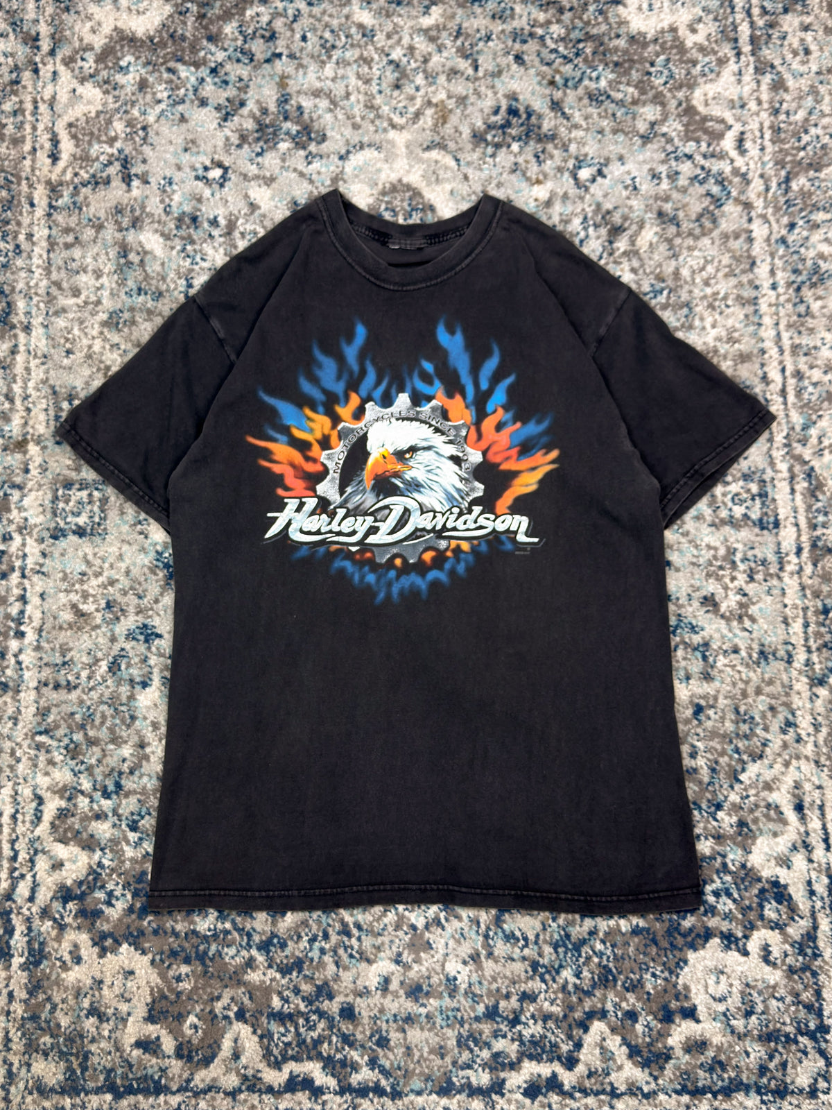 Vintage 2002 Harley Davidson Flaming Eagle Graphic Spellout T-Shirt Size Large