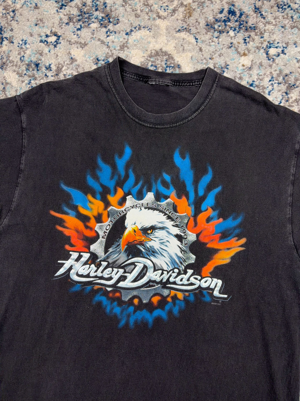 Vintage 2002 Harley Davidson Flaming Eagle Graphic Spellout T-Shirt Size Large