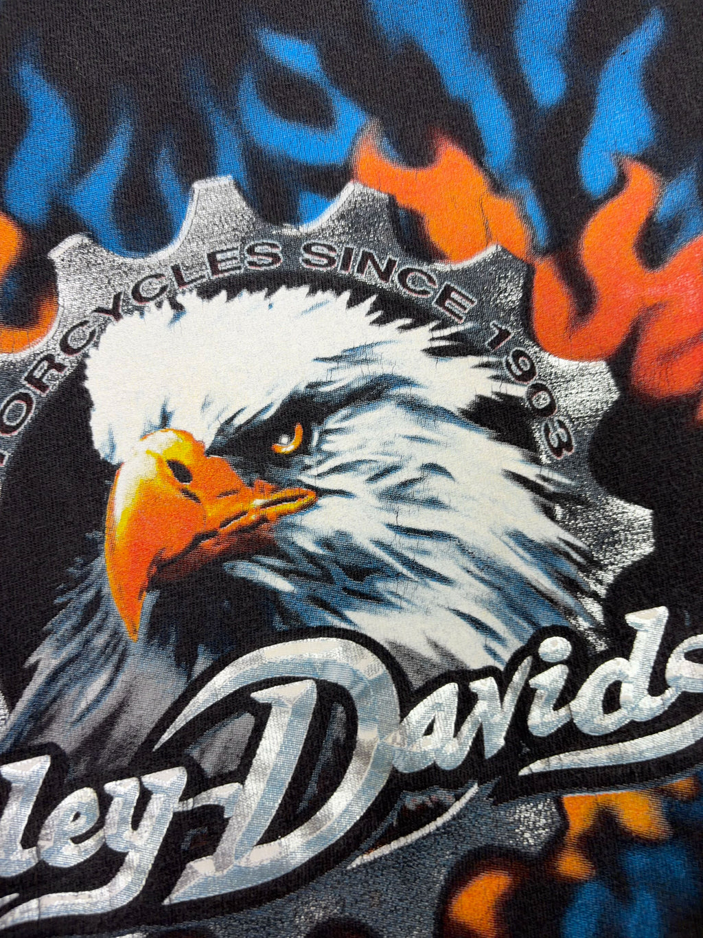 Vintage 2002 Harley Davidson Flaming Eagle Graphic Spellout T-Shirt Size Large