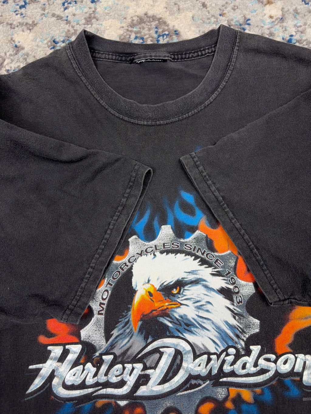 Vintage 2002 Harley Davidson Flaming Eagle Graphic Spellout T-Shirt Size Large