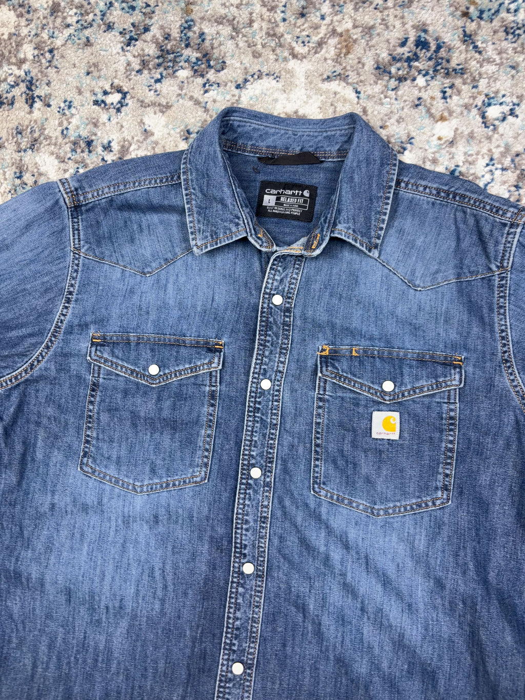 Vintage Carhartt Relaxed Fit Medium Wash Denim Long Sleeve Button Up Shirt Size Large