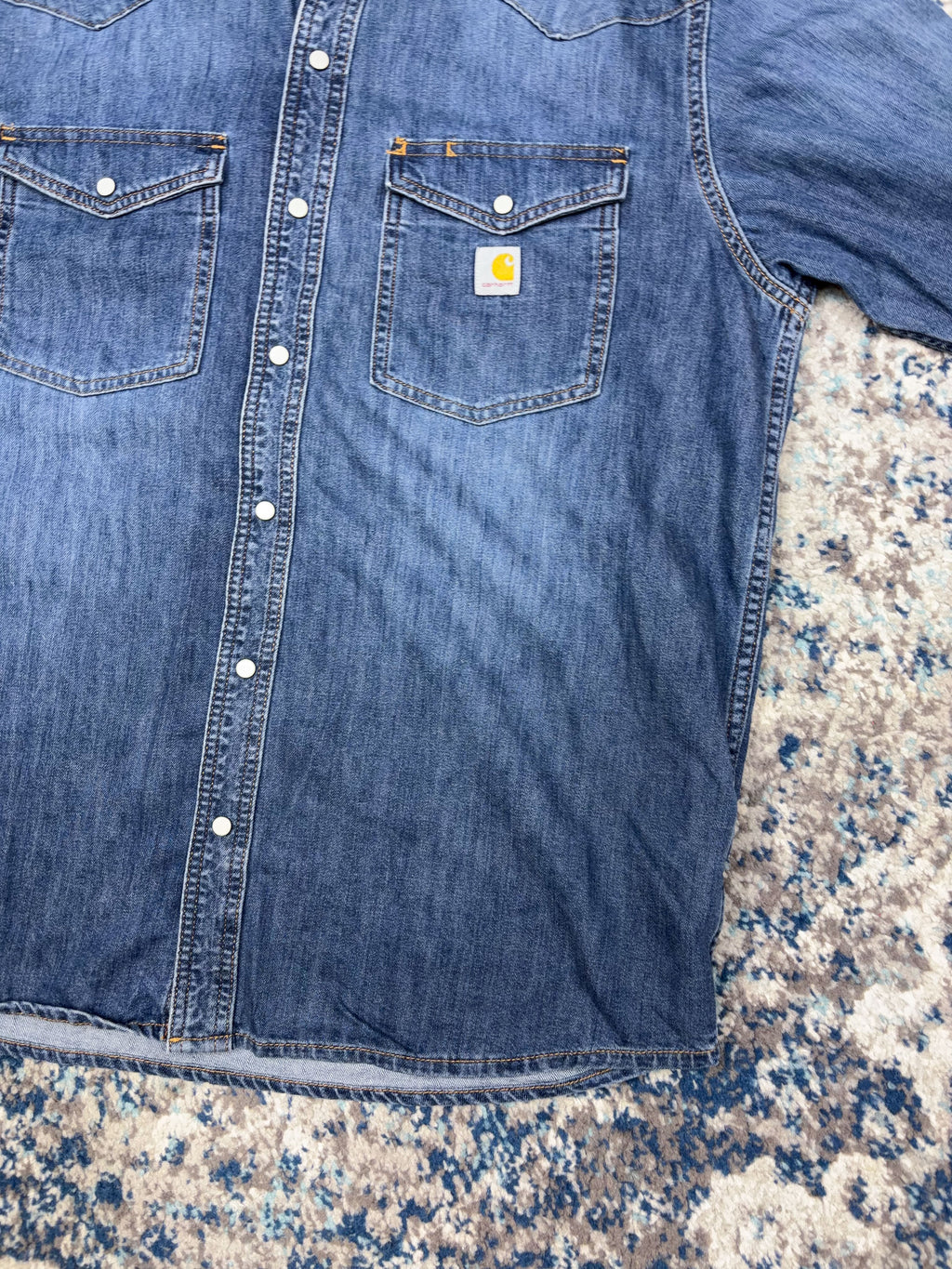 Vintage Carhartt Relaxed Fit Medium Wash Denim Long Sleeve Button Up Shirt Size Large