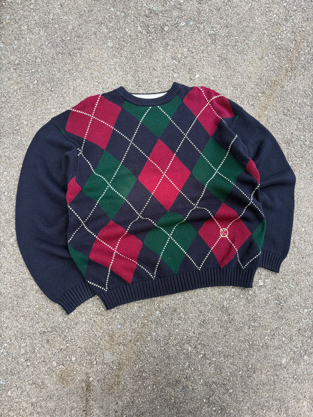 Vintage Tommy Hilfiger Embroidered Crest Argyle Plaid Knit Sweater Size XL
