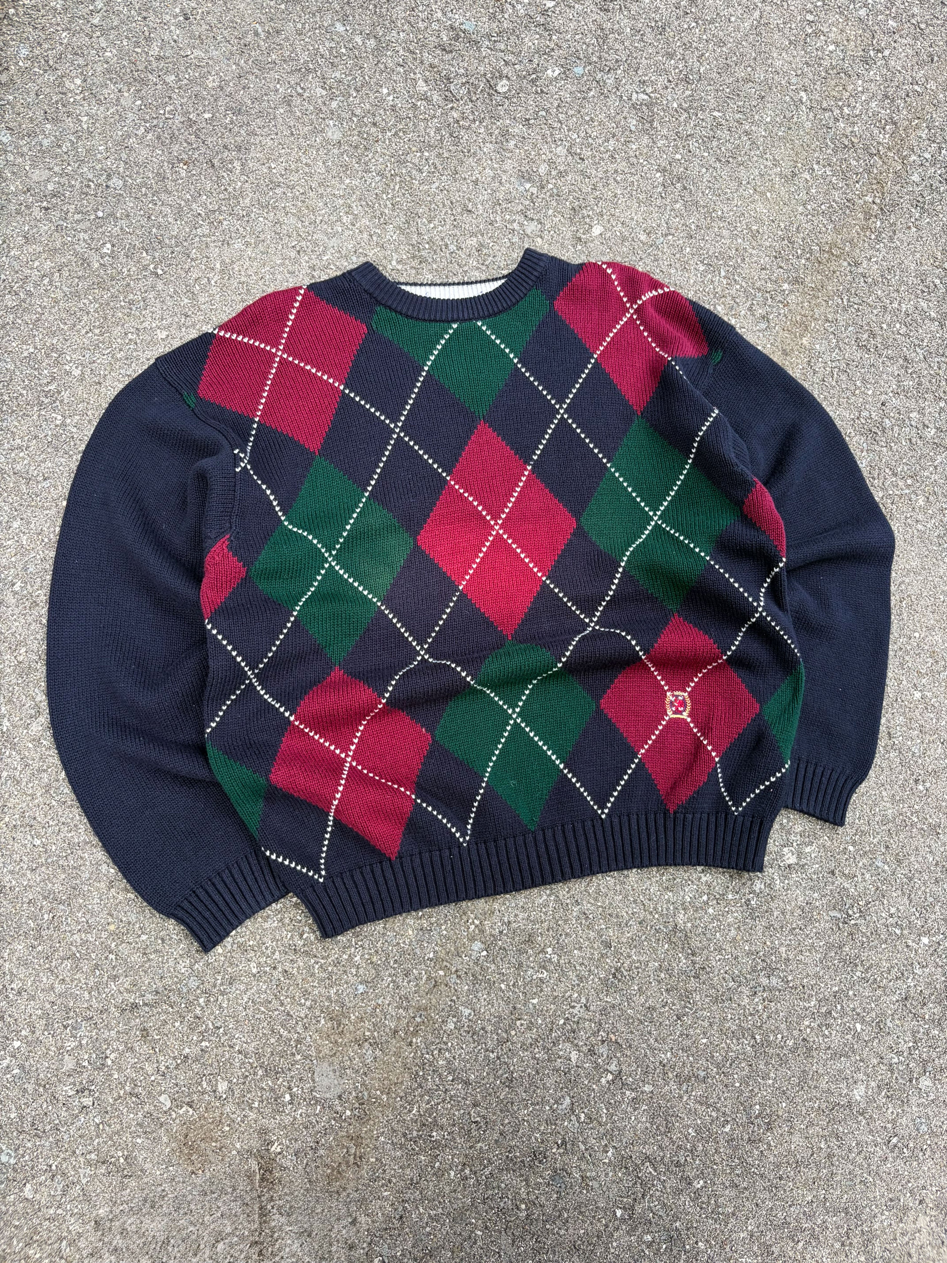 Vintage Tommy Hilfiger Embroidered Crest Argyle Plaid Knit Sweater Size XL