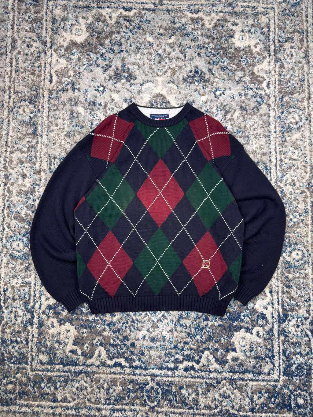 Vintage Tommy Hilfiger Embroidered Crest Argyle Plaid Knit Sweater Size XL