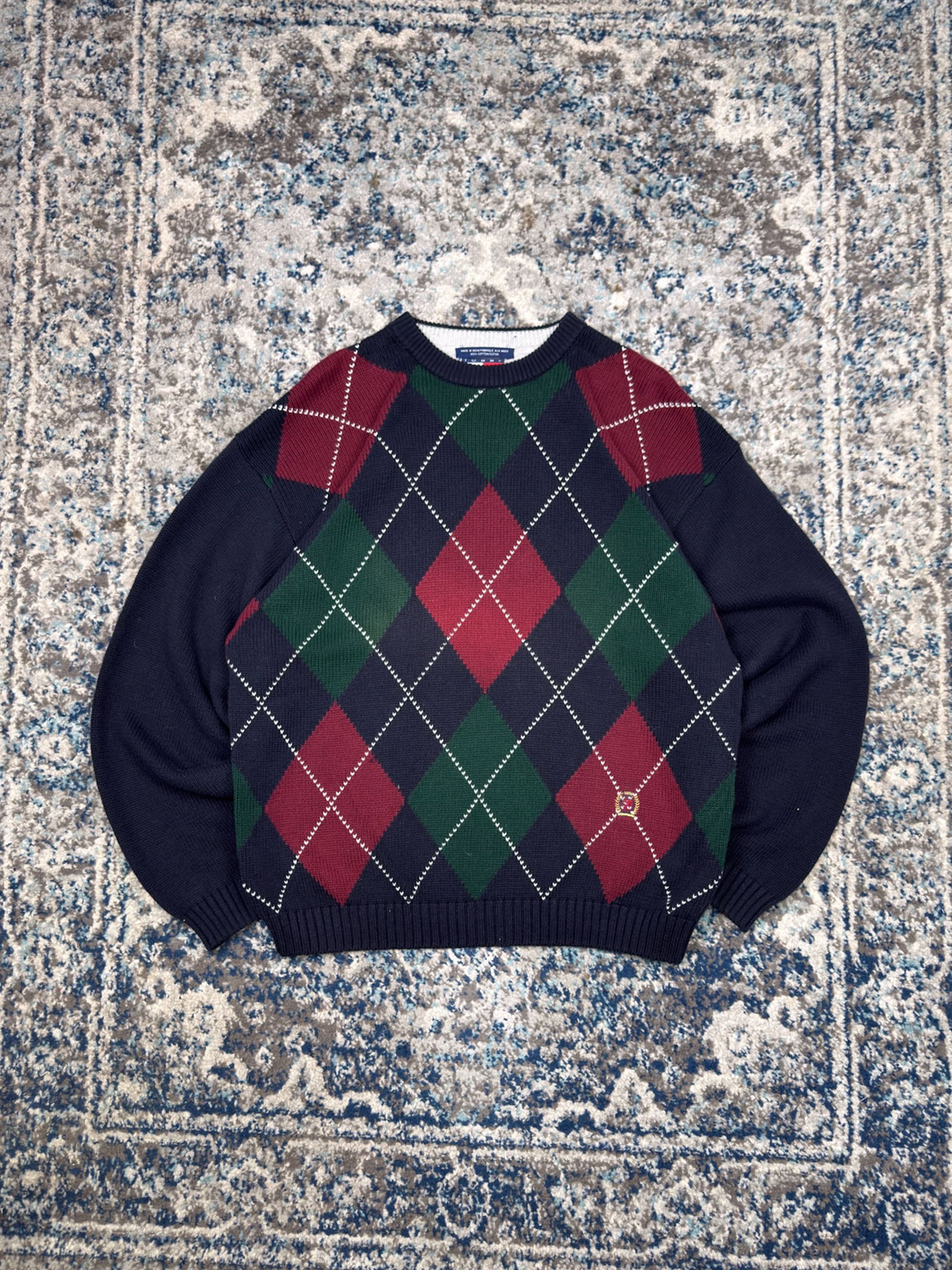 Vintage Tommy Hilfiger Embroidered Crest Argyle Plaid Knit Sweater Size XL