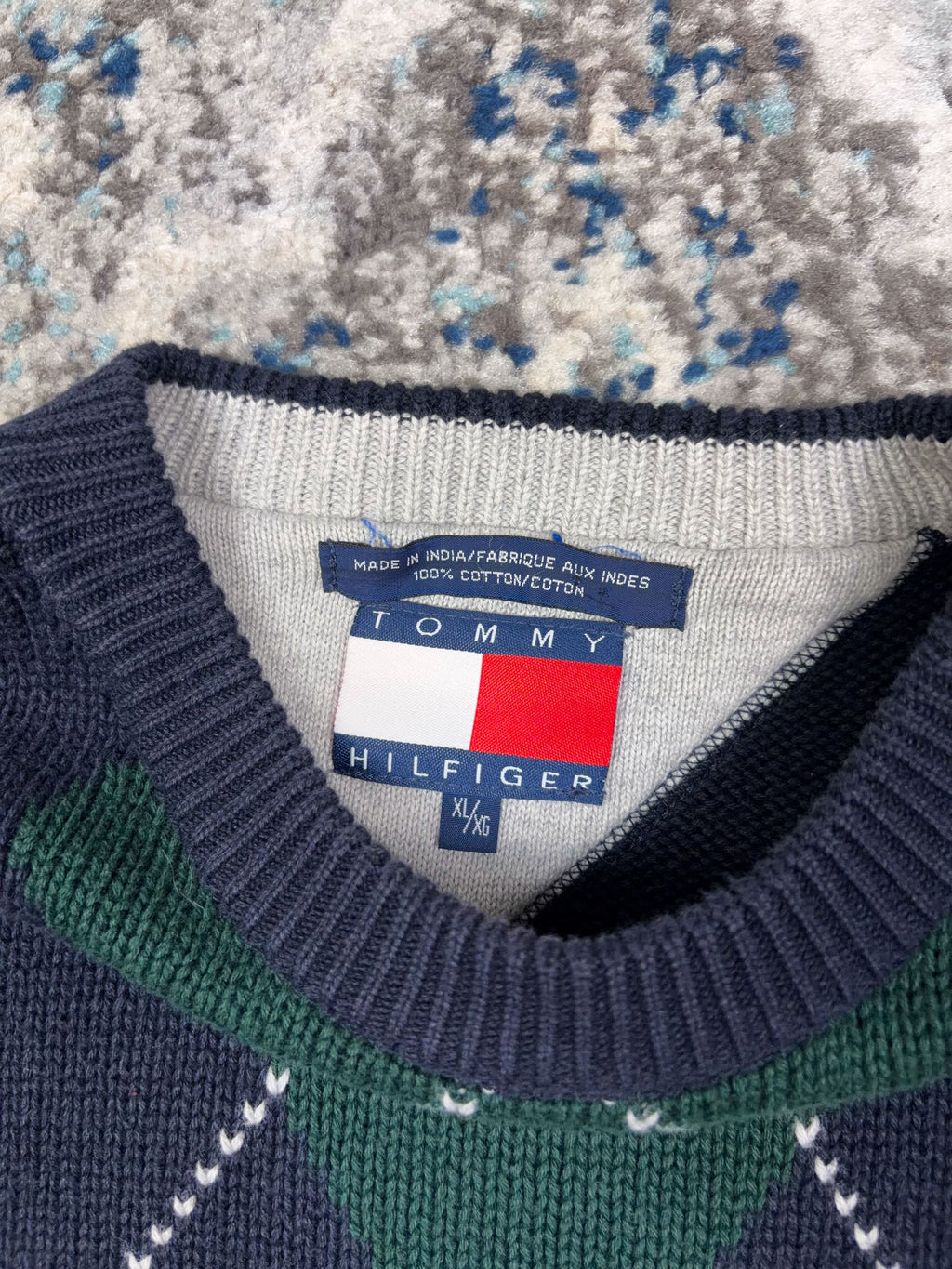 Vintage Tommy Hilfiger Embroidered Crest Argyle Plaid Knit Sweater Size XL