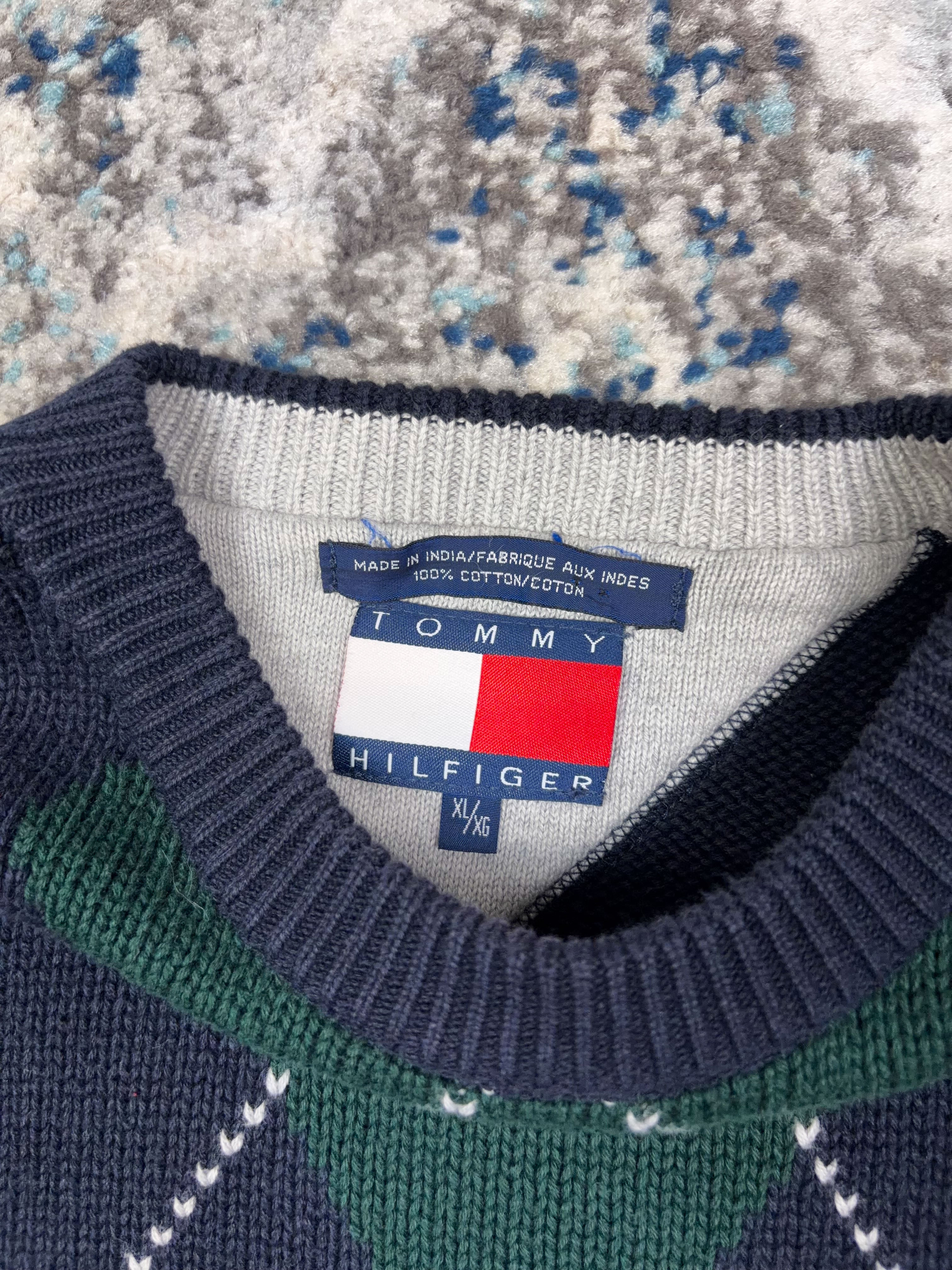 Vintage Tommy Hilfiger Embroidered Crest Argyle Plaid Knit Sweater Size XL