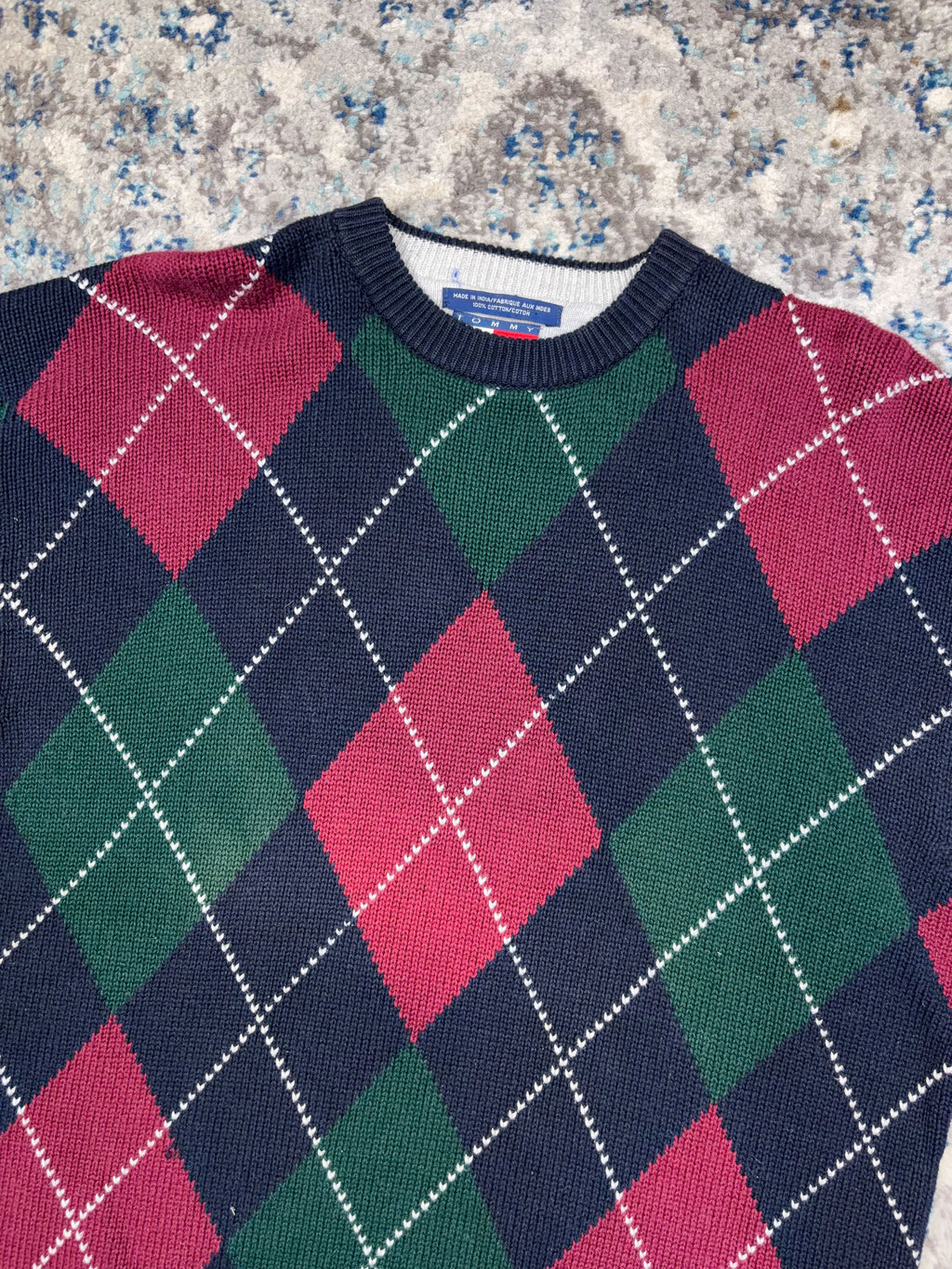 Vintage Tommy Hilfiger Embroidered Crest Argyle Plaid Knit Sweater Size XL