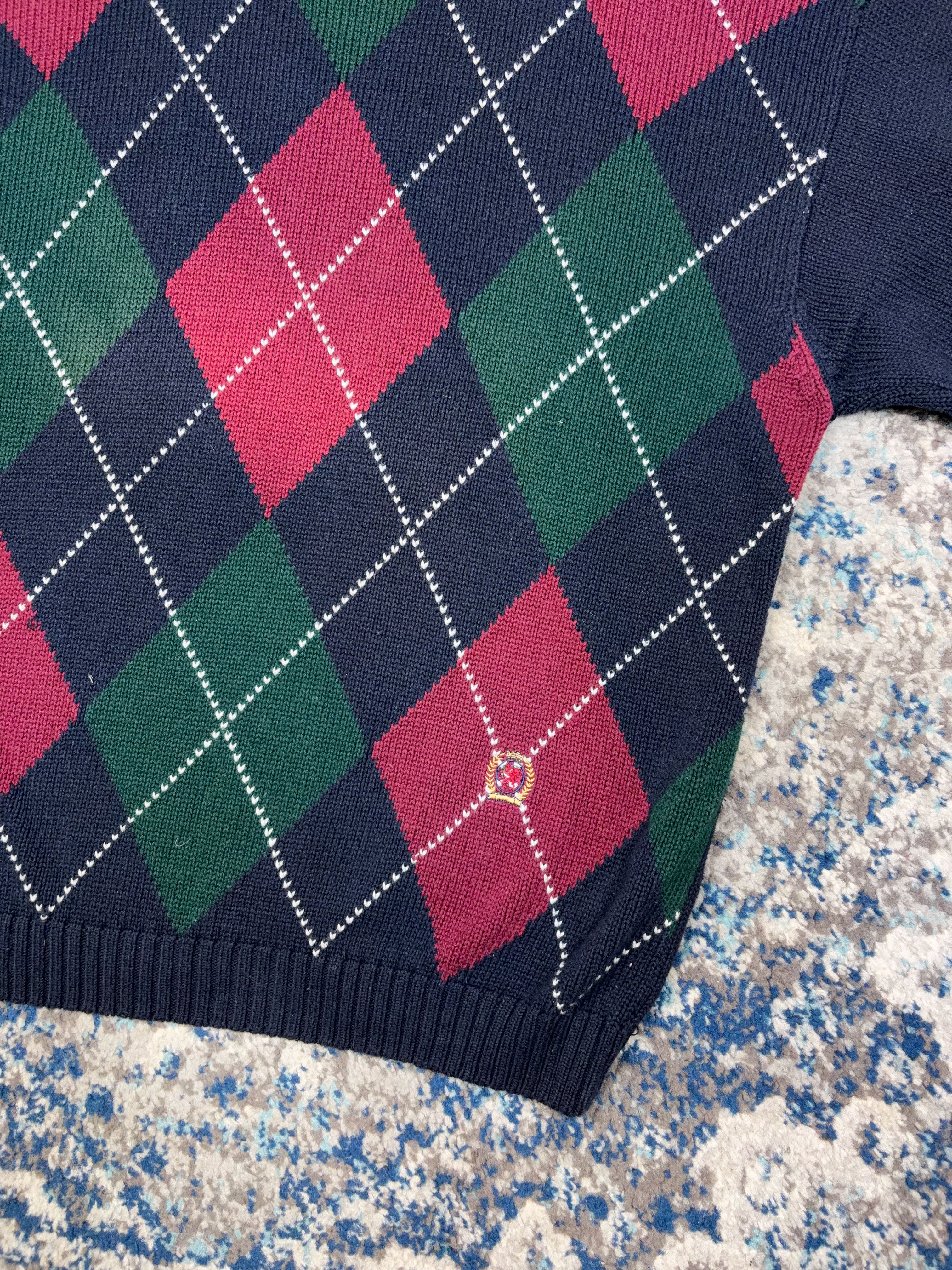 Vintage Tommy Hilfiger Embroidered Crest Argyle Plaid Knit Sweater Size XL