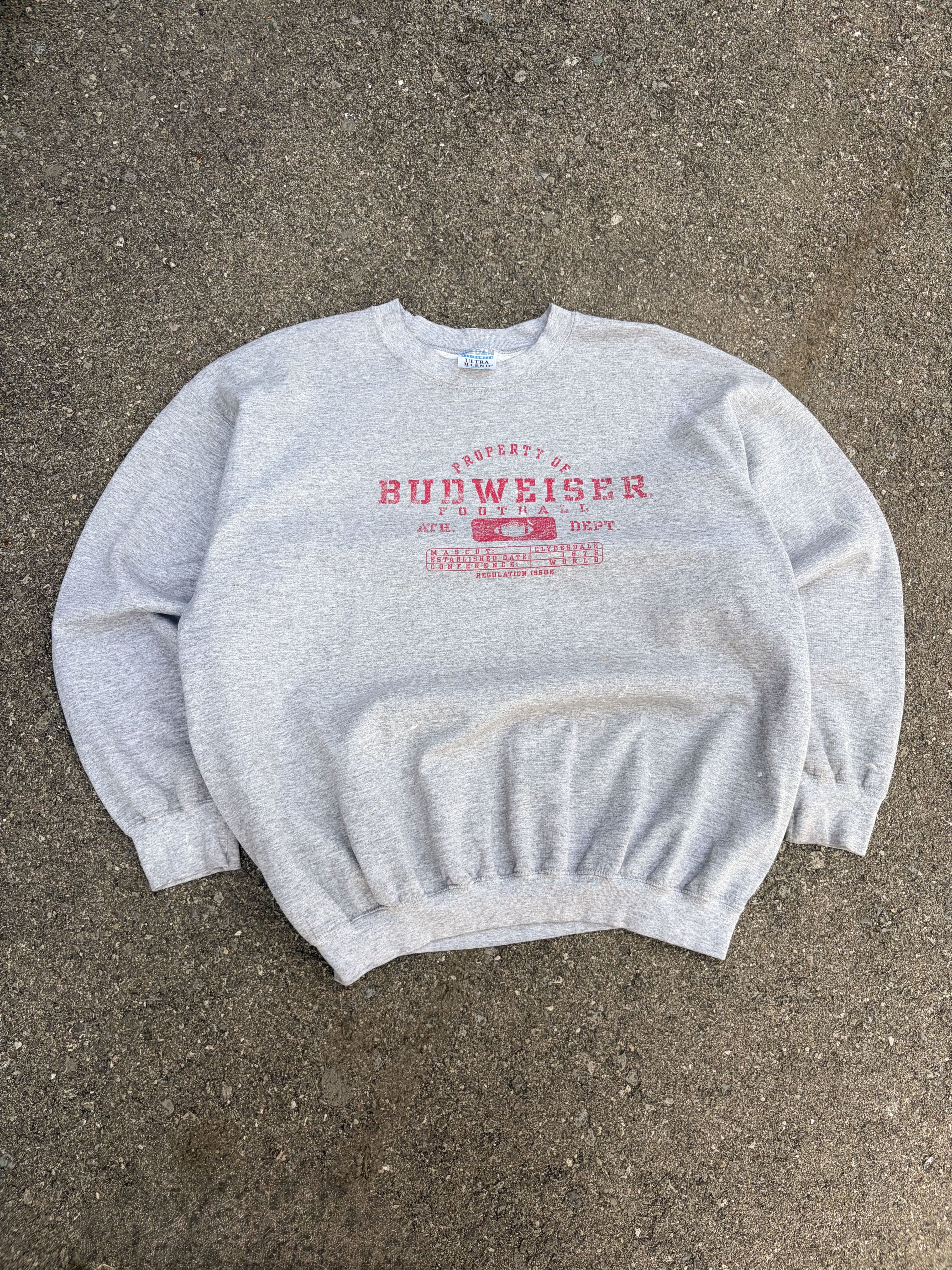 Vintage Budweiser Football Athletic Department Graphic Spellout Sweatshirt Size XL
