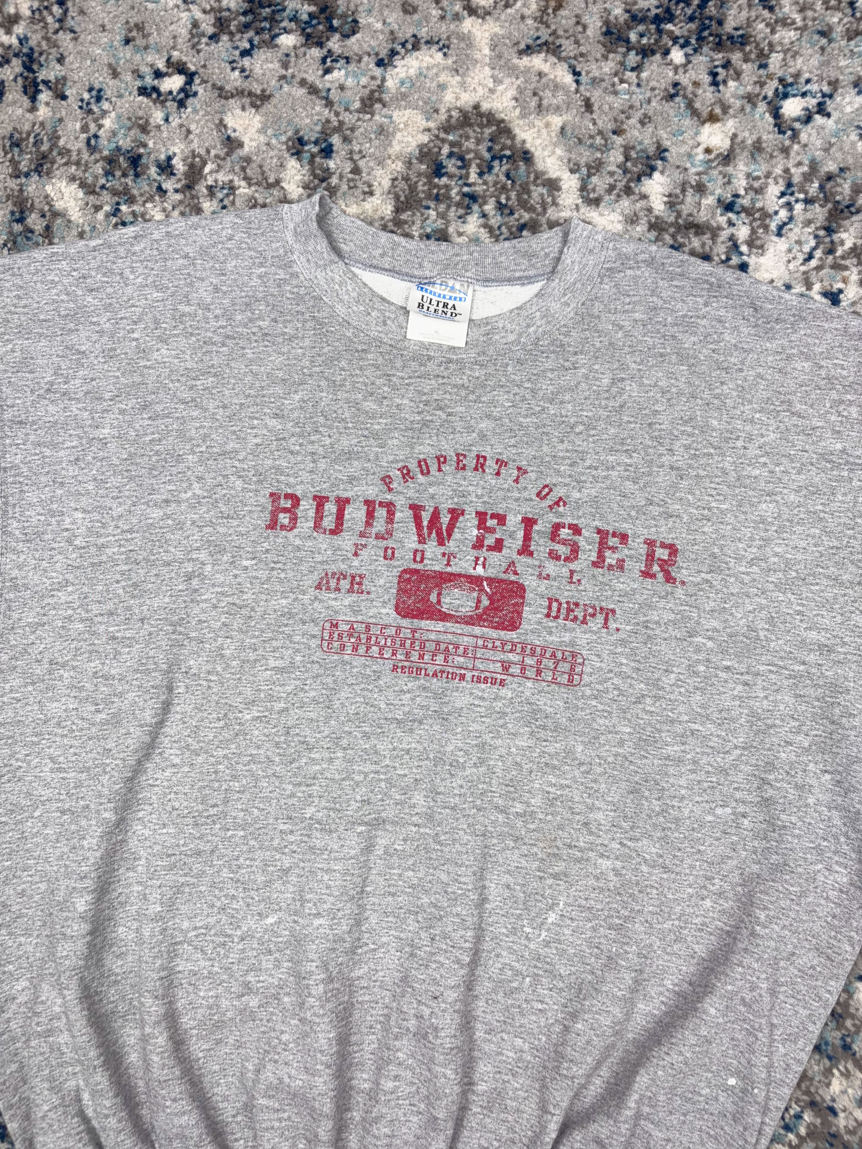 Vintage Budweiser Football Athletic Department Graphic Spellout Sweatshirt Size XL
