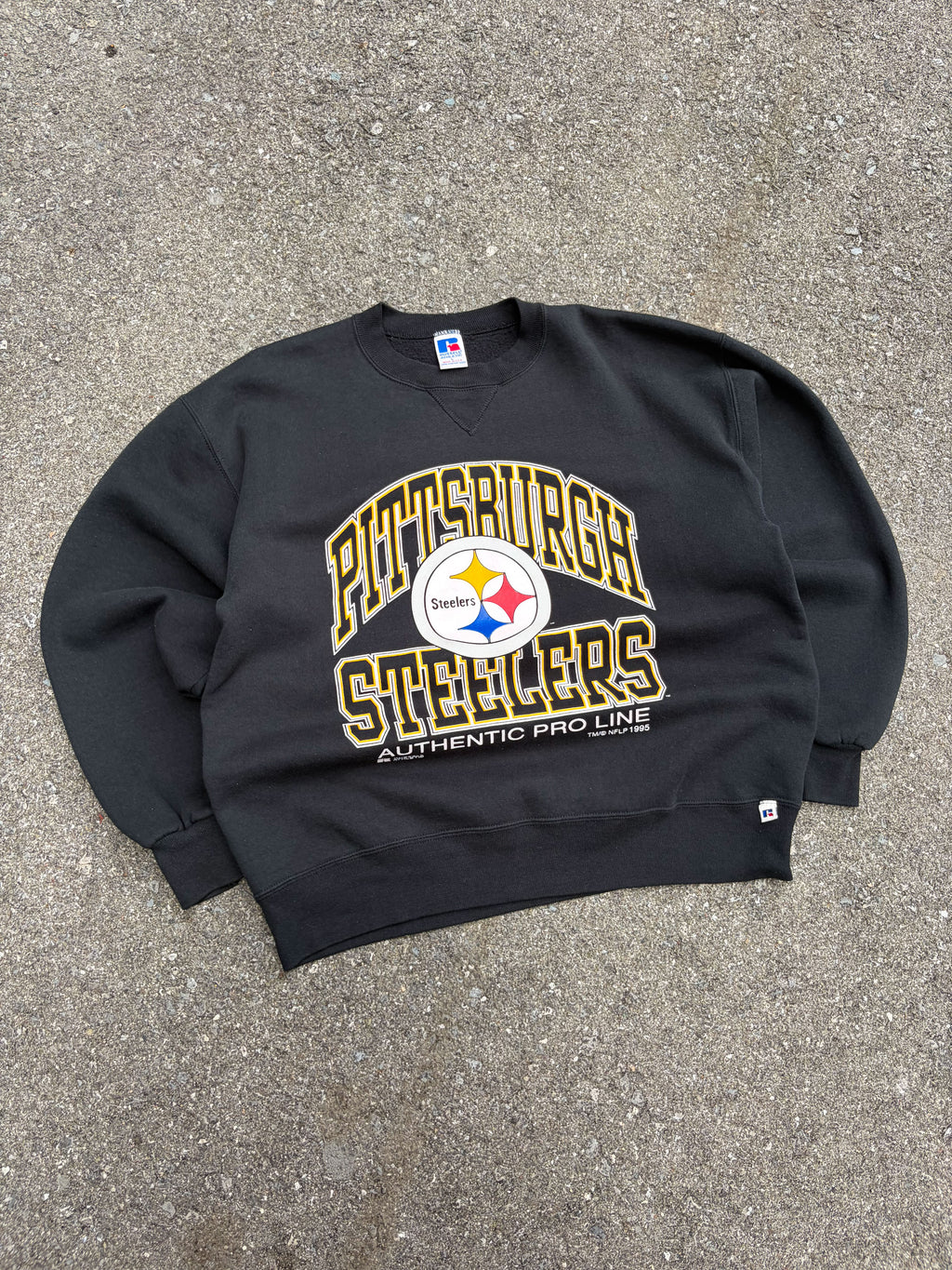 Vintage 1995 Pittsburgh Steelers NFL Logo Arc Spellout Graphic Sweatshirt Size Large