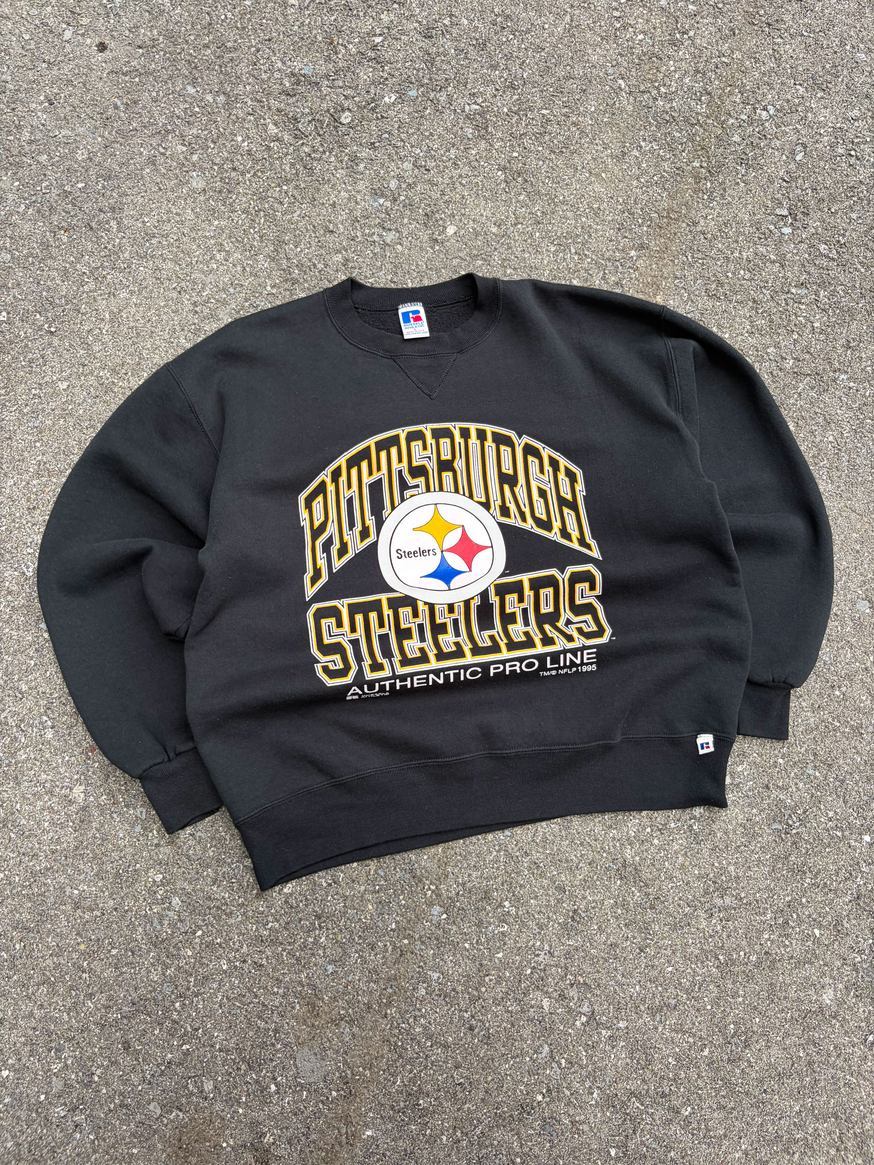 Vintage 1995 Pittsburgh Steelers NFL Logo Arc Spellout Graphic Sweatshirt Size Large