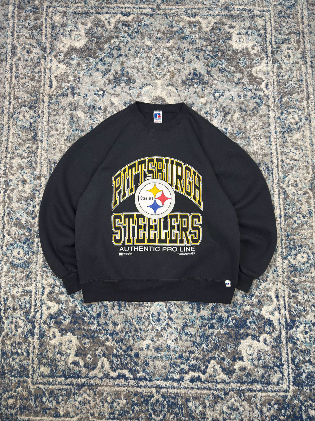Vintage 1995 Pittsburgh Steelers NFL Logo Arc Spellout Graphic Sweatshirt Size Large