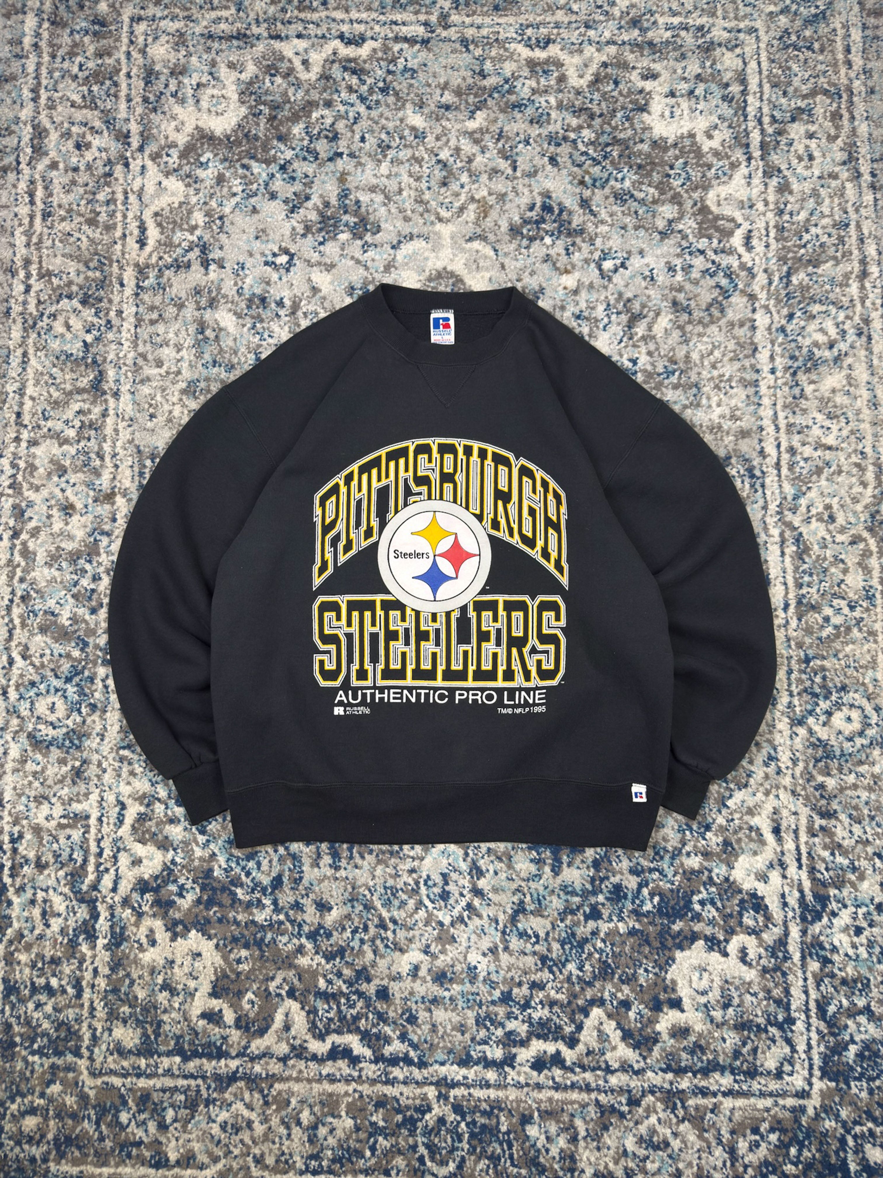 Vintage 1995 Pittsburgh Steelers NFL Logo Arc Spellout Graphic Sweatshirt Size Large