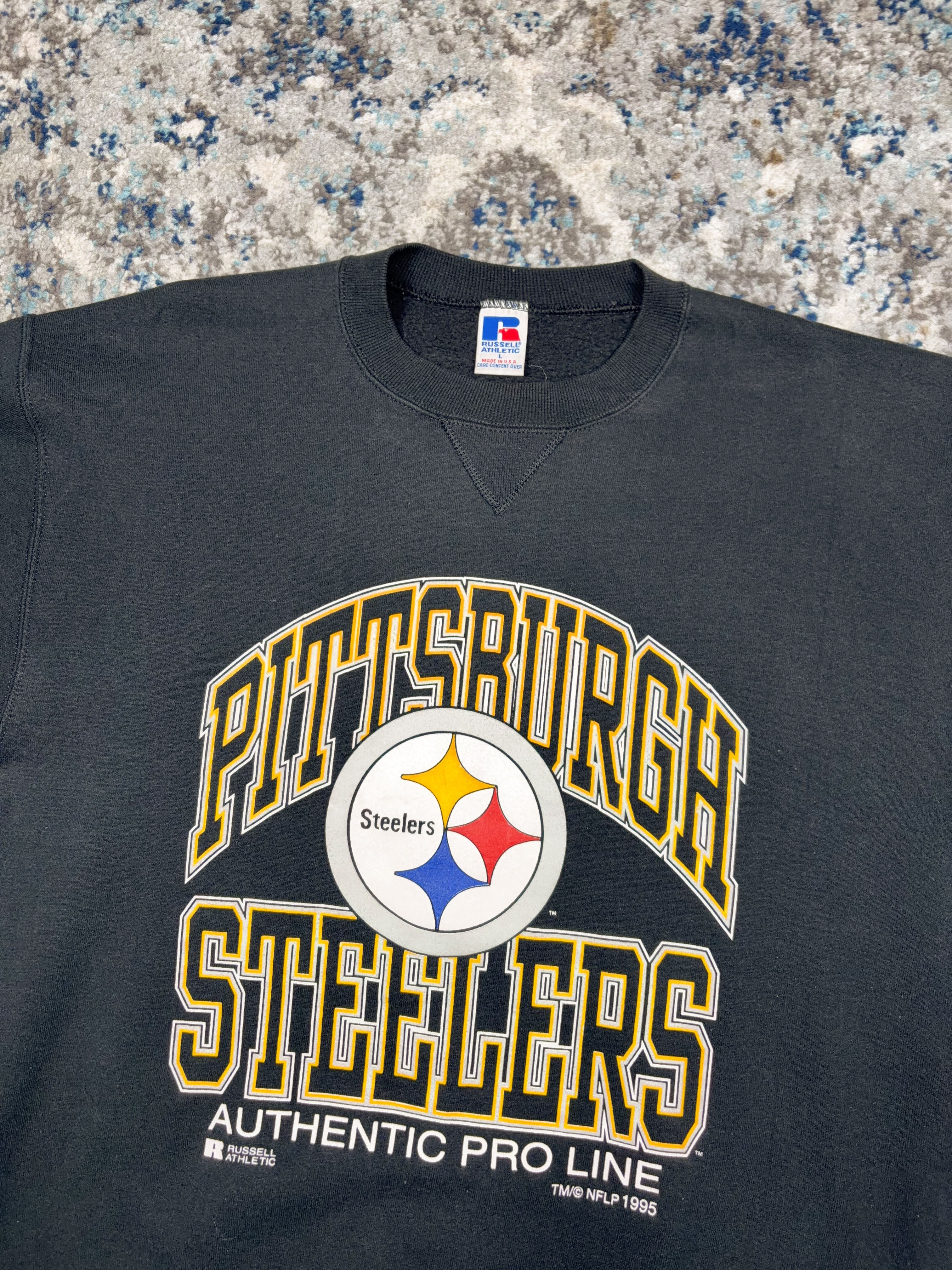 Vintage 1995 Pittsburgh Steelers NFL Logo Arc Spellout Graphic Sweatshirt Size Large