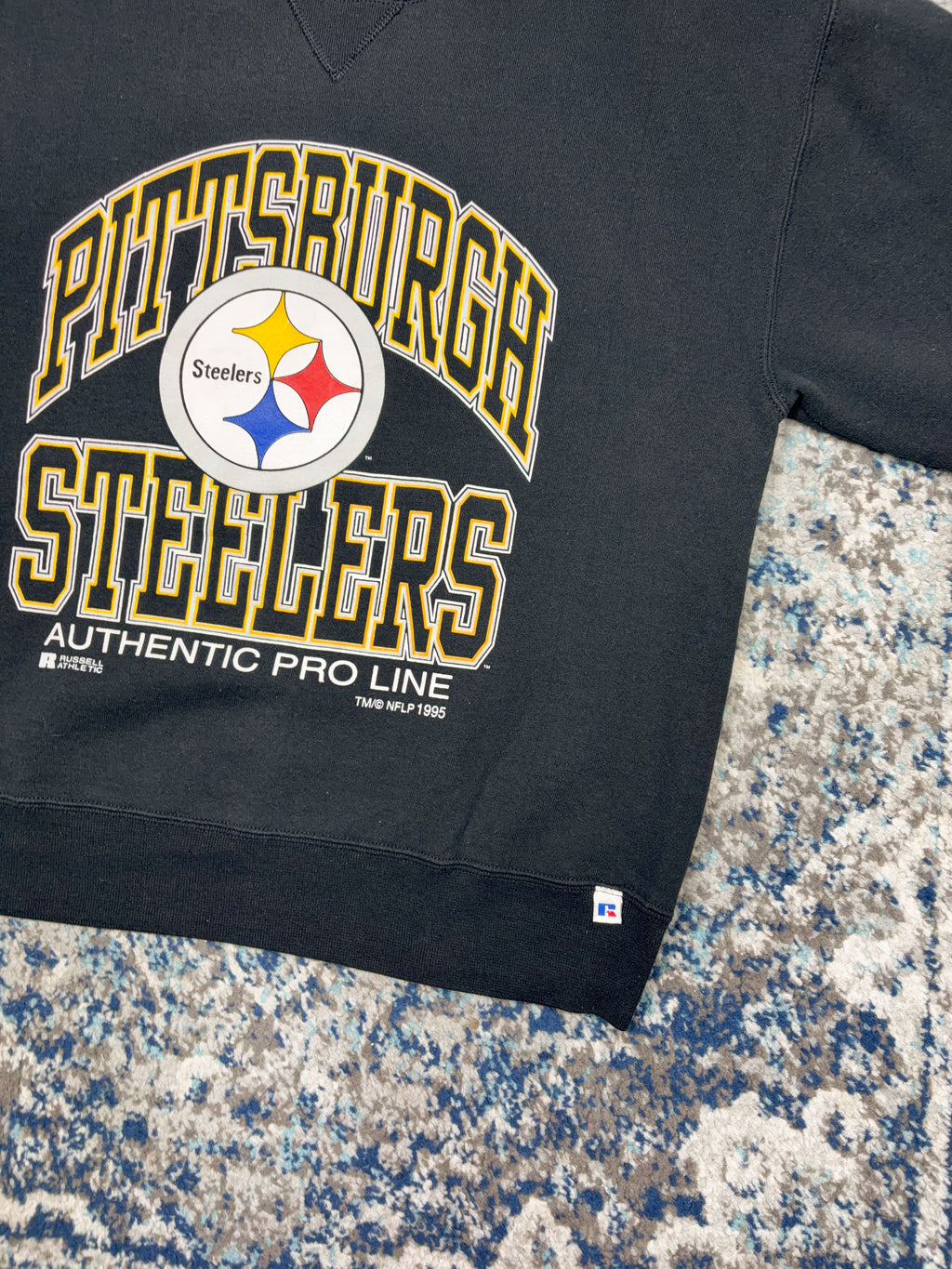 Vintage 1995 Pittsburgh Steelers NFL Logo Arc Spellout Graphic Sweatshirt Size Large