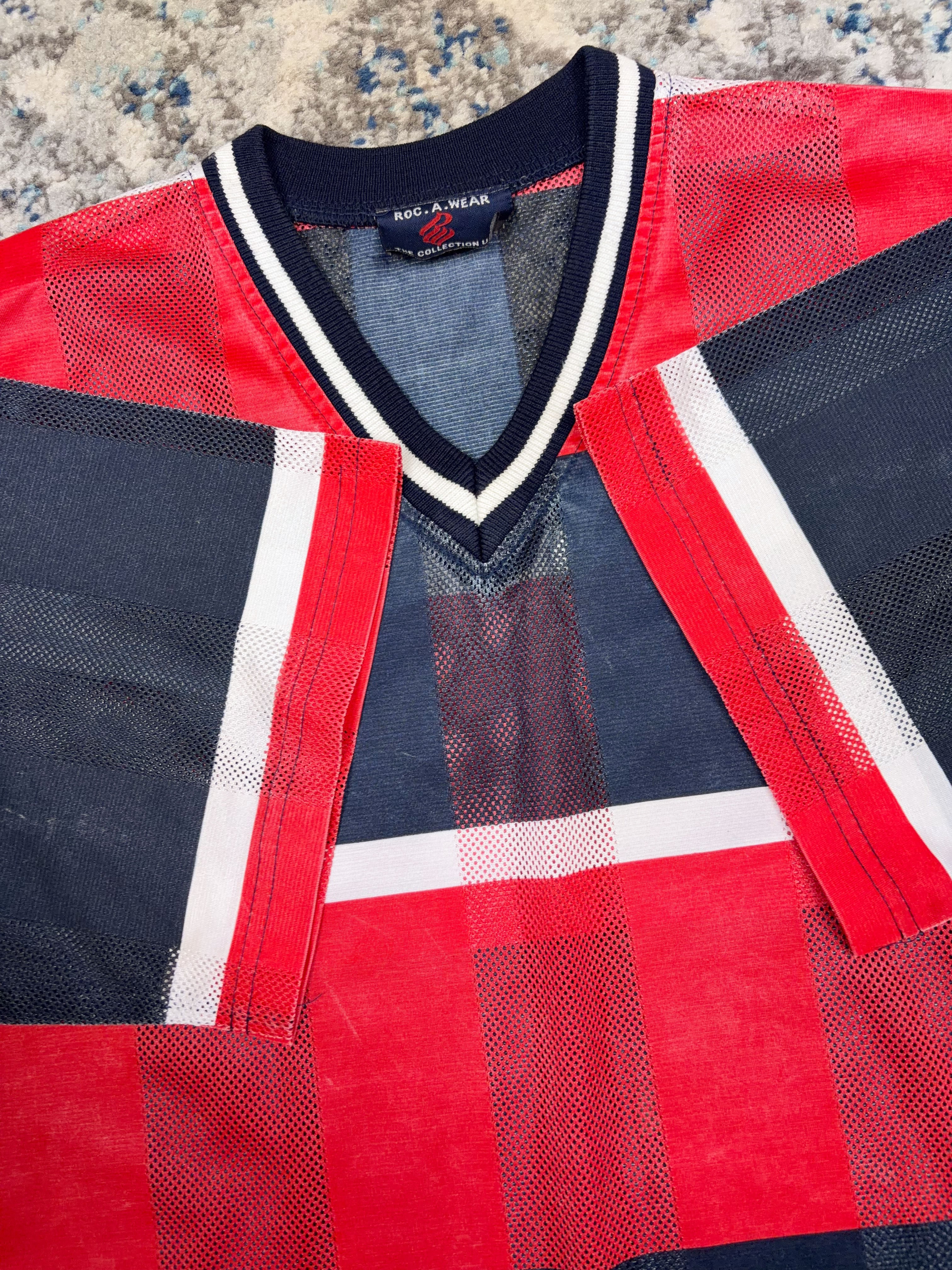 Vintage Y2K Rocawear Embroidered Logo Striped Mesh Jersey Size XL