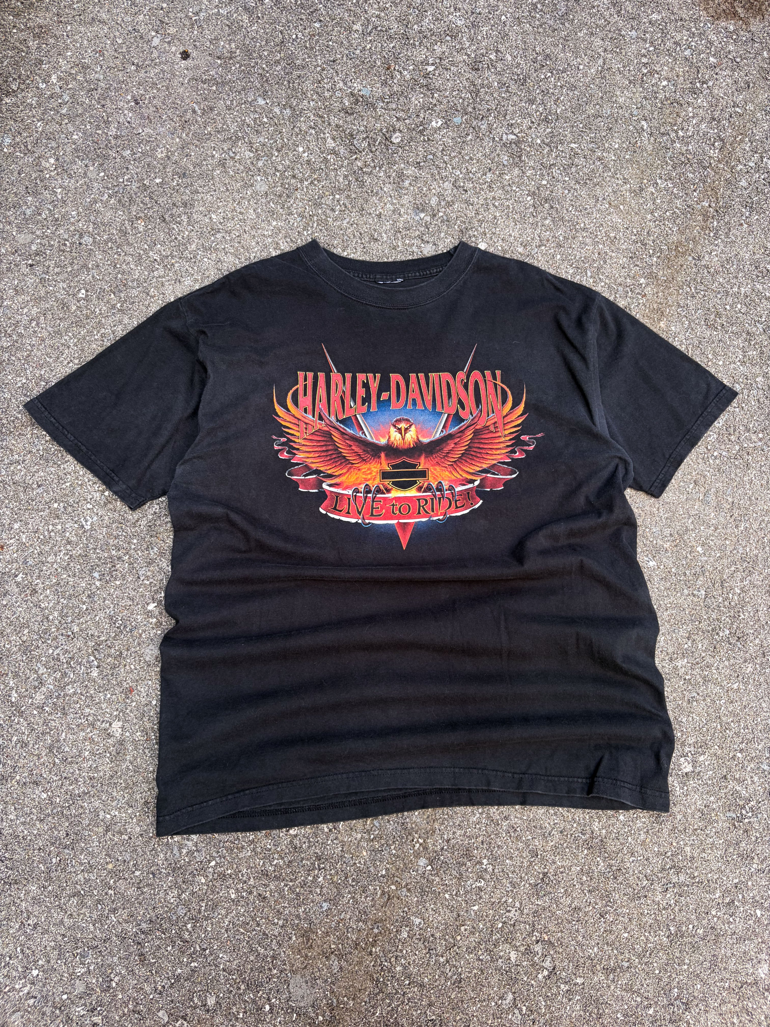 Vintage 2001 Harley Davidson Eagle Graphic Spellout Live To Ride T-Shirt Size XL