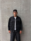 Vintage Y2K Phat Farm Embroidered Script Logo Black Wash Denim Trucker Jacket Size XL