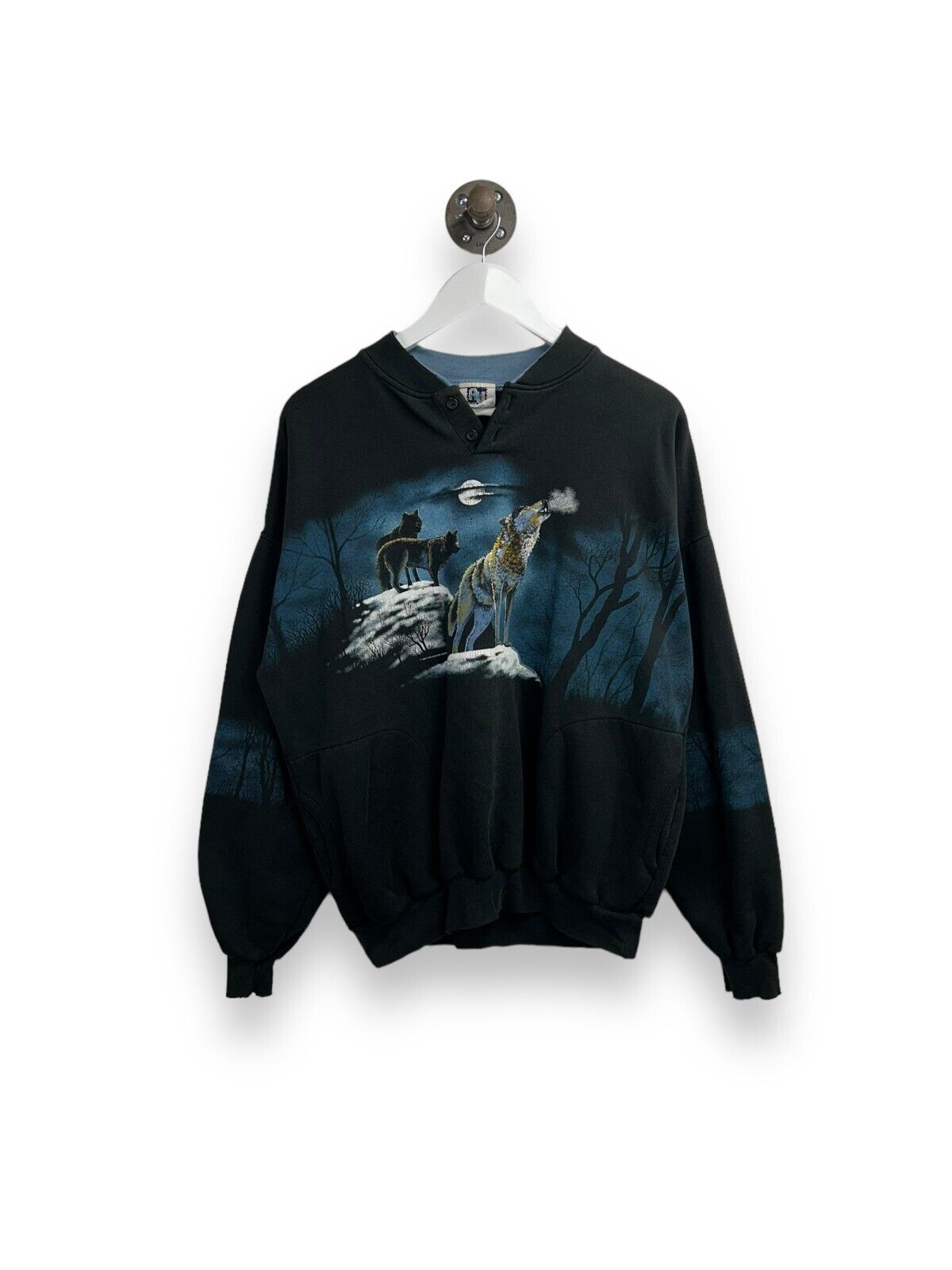 Vintage 90s Wolf Nature Forest AOP 1/4 Button Sweatshirt Size XL Black