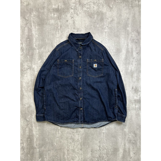 Vintage Women's Carhartt Dark Wash Denim Workwear Button Up Shirt Size XL