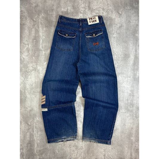 Vintage Womens Y2K Phat Farm Embroidered Dark Wash Denim Pants Size 29 Blue