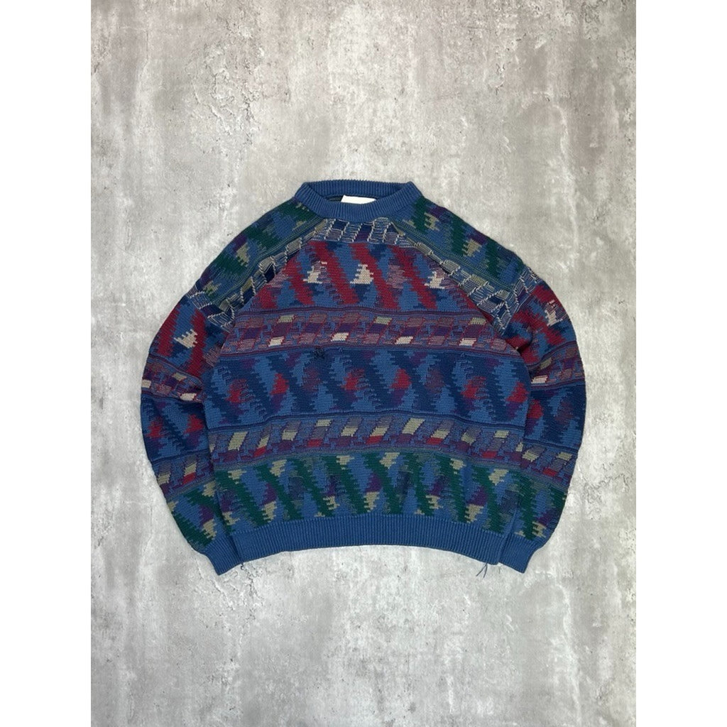 Vintage 90s Abstract Geometric Striped Pullover Knit Sweater Size XL