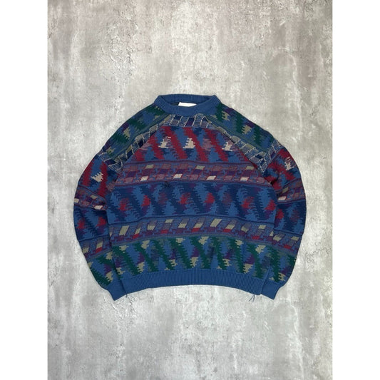 Vintage 90s Abstract Geometric Striped Pullover Knit Sweater Size XL