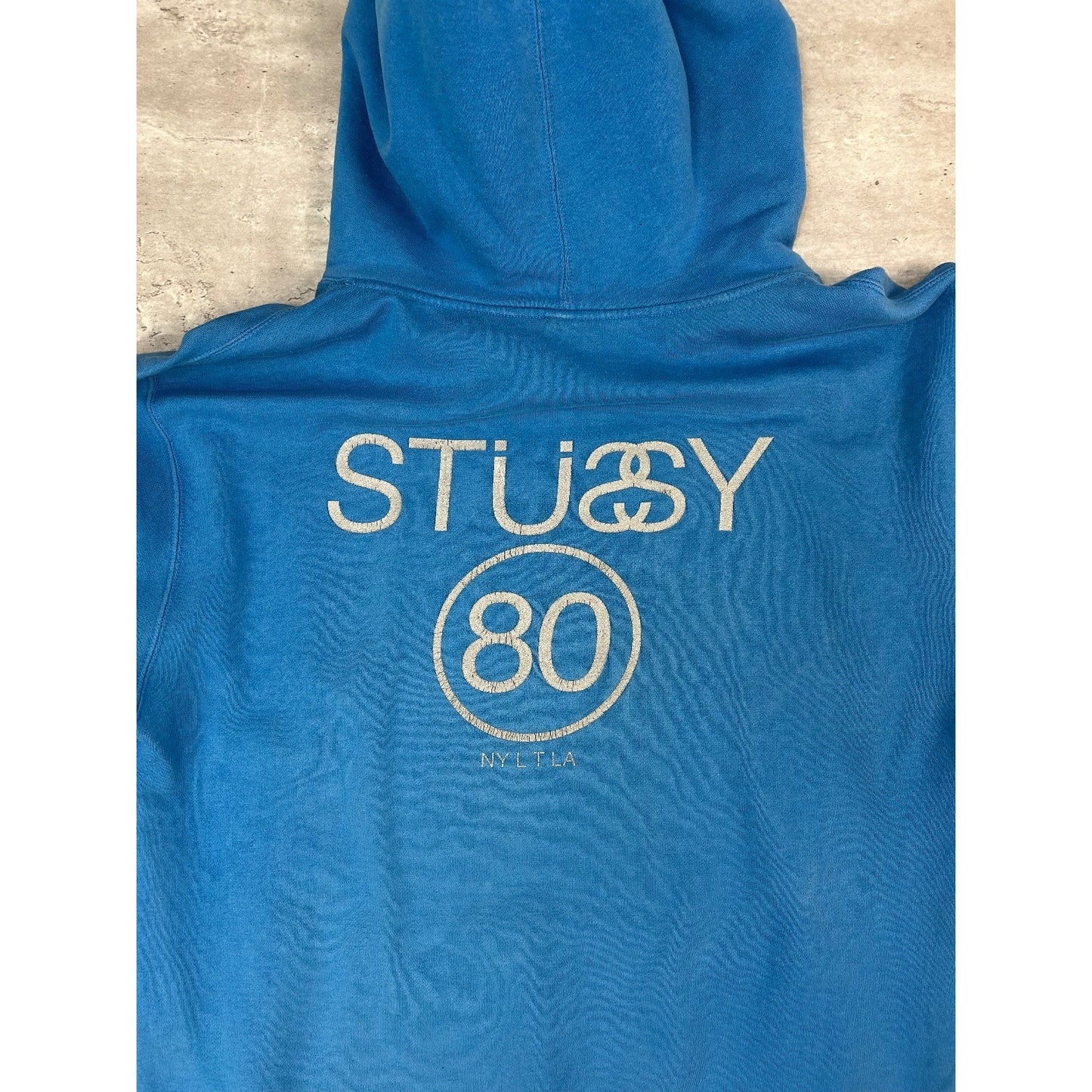 Vintage 2000s Stussy 80 Spellout Graphic Hooded Sweatshirt Size XL Blue