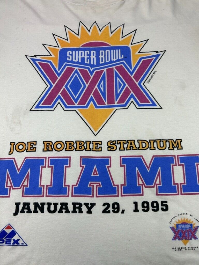 Vintage 1995 NFL Super Bowl XXIX Miami Graphic Football T-Shirt Size Large White