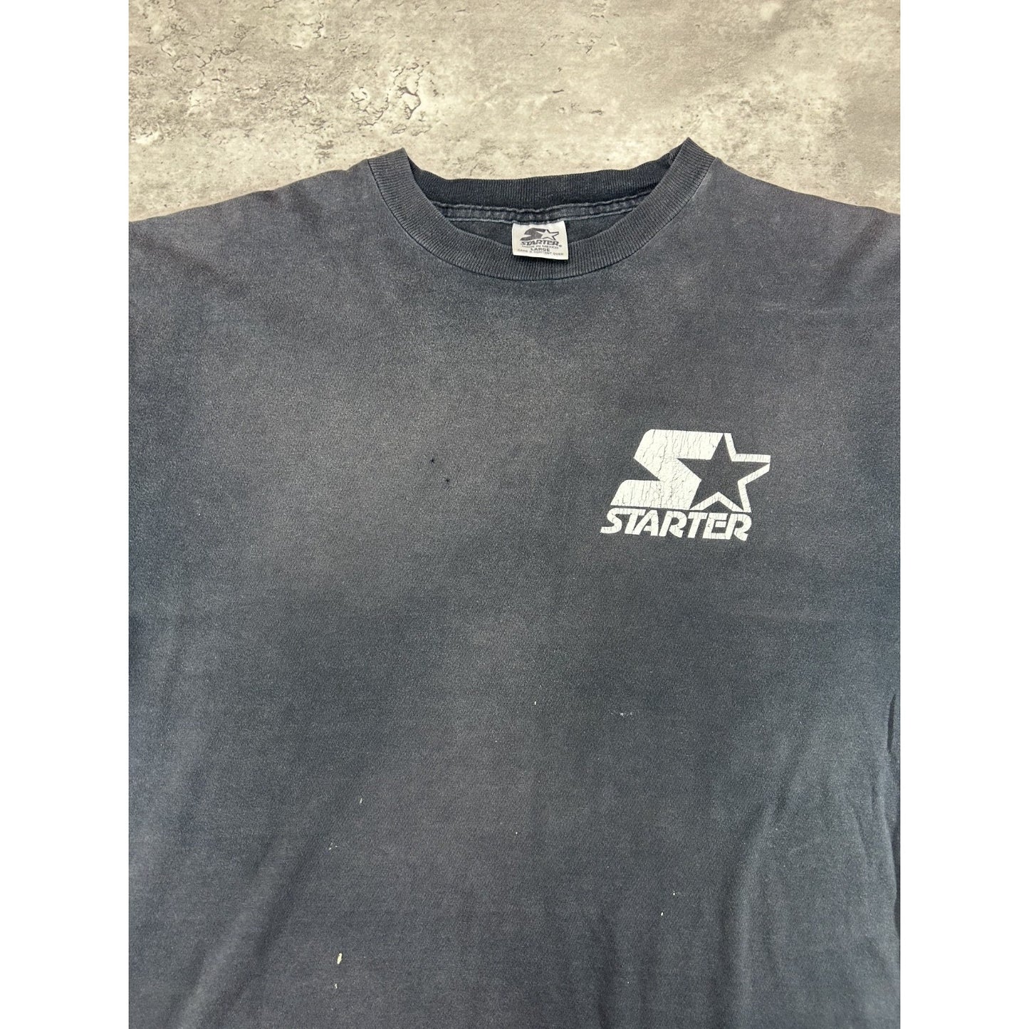 Vintage 90s Starter Graphic Classic Logo Faded T-Shirt Size Large Black