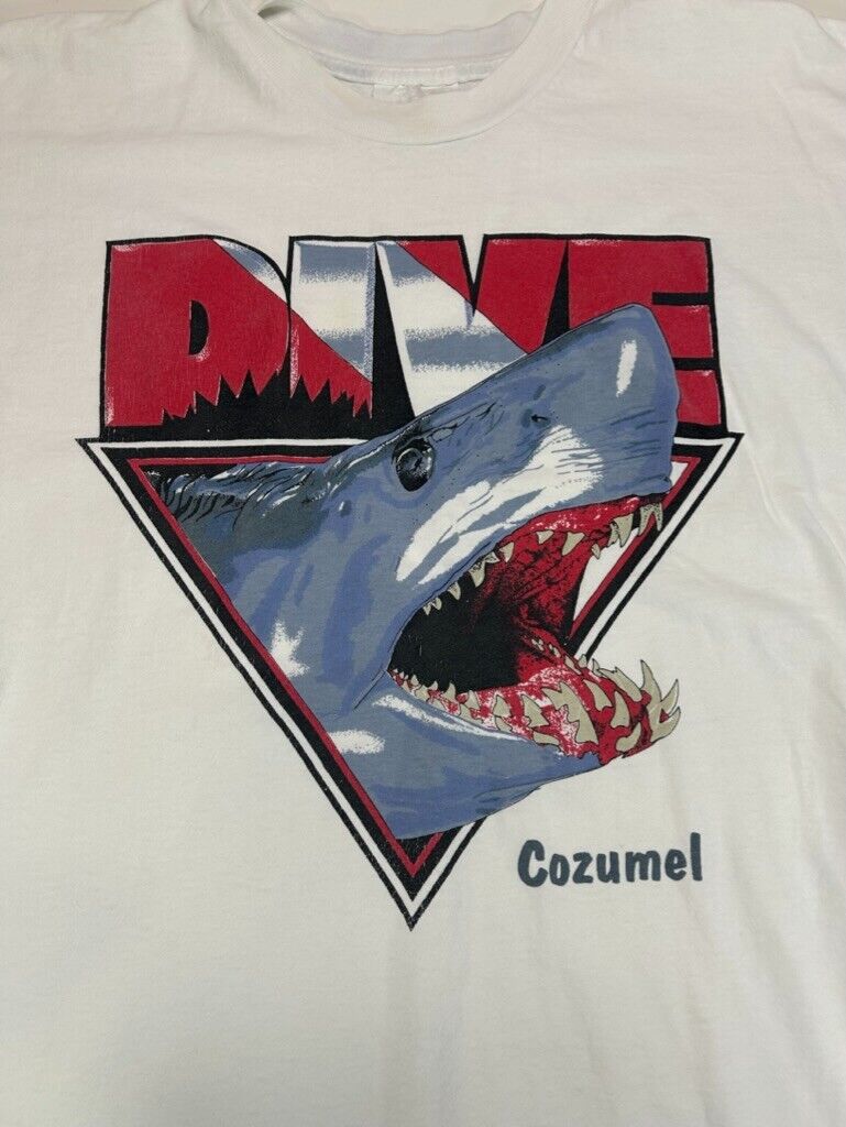 Vintage 90s Dive Cozumel Aqua Safari Shark Graphic Spellout T-Shirt Size Large