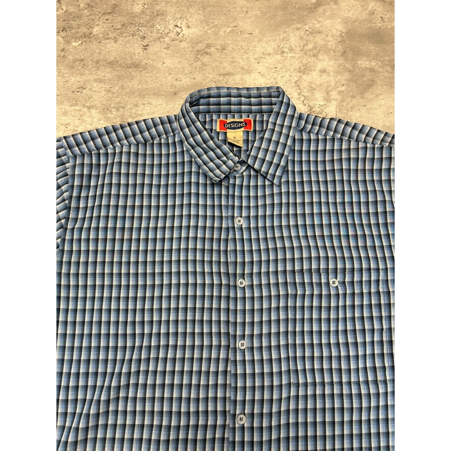 Vintage Designs Single Pocket Plaid Cropped Button Up Shirt Size XL Blue