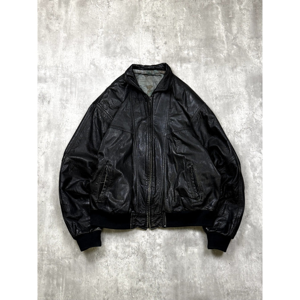 Vintage Leather Globe Pattern Lined Full Zip Bomber Jacket Size XL