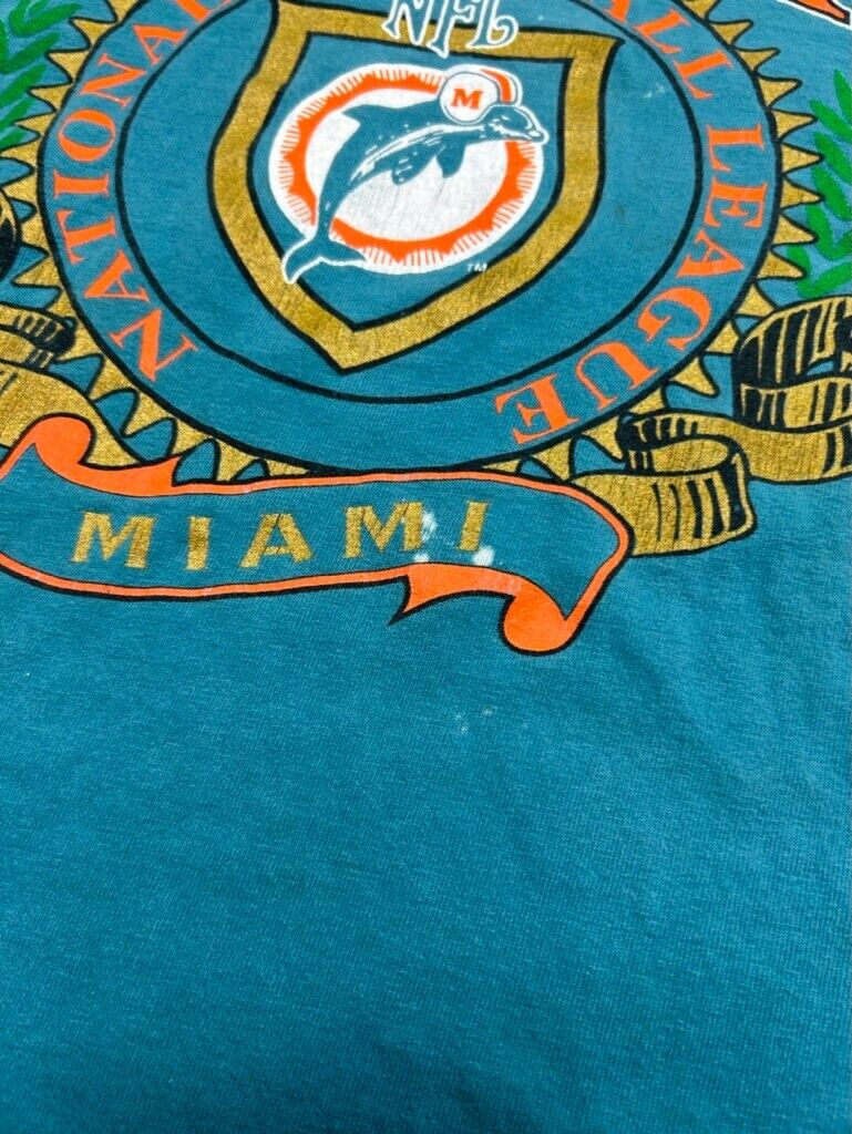 Vintage 90s Miami Dolphins NFL Spellout Crest Nutmeg Graphic T-Shirt Size Large