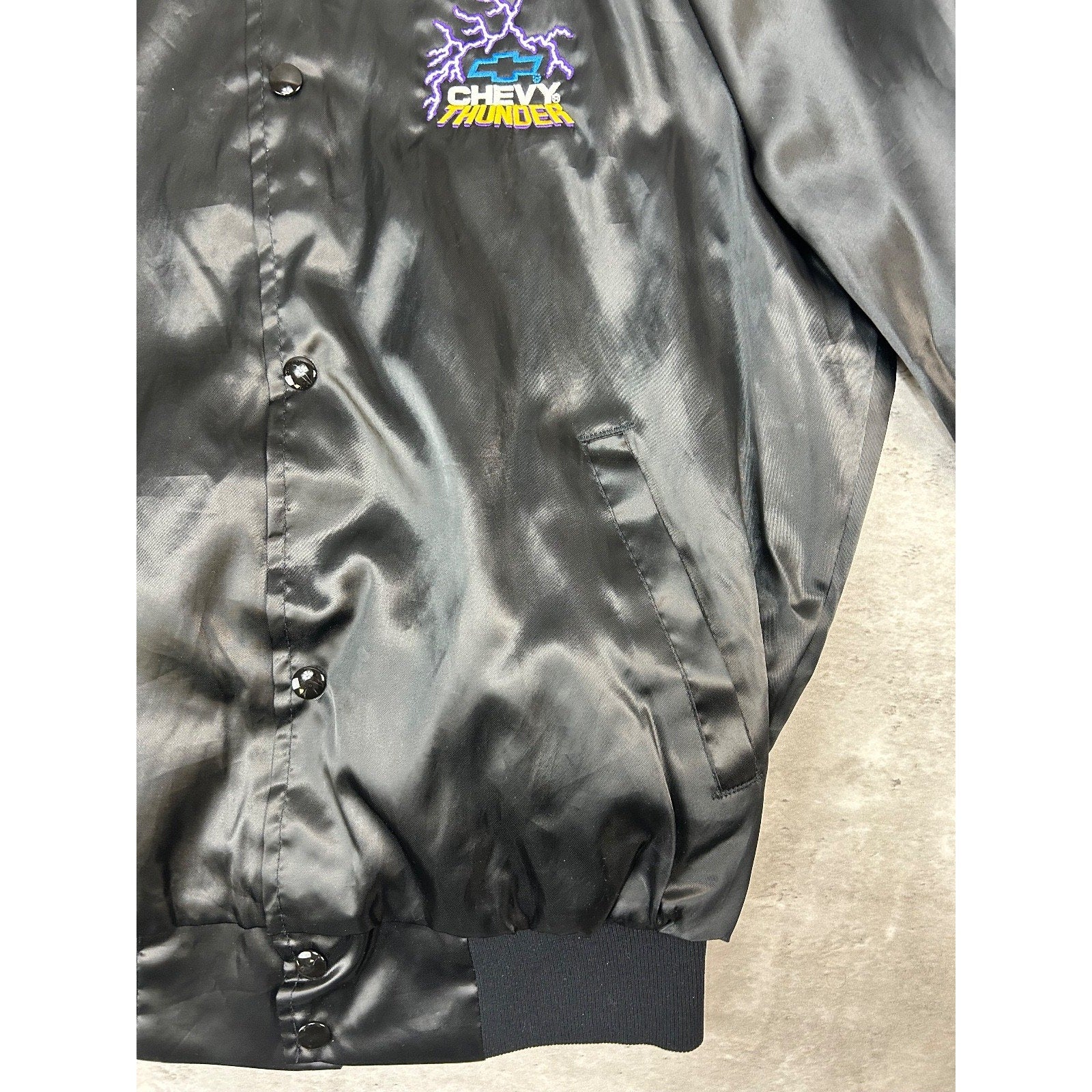 Vintage 80s/90s Chevrolet Thunder Embroidered Satin Bomber Jacket Size Medium
