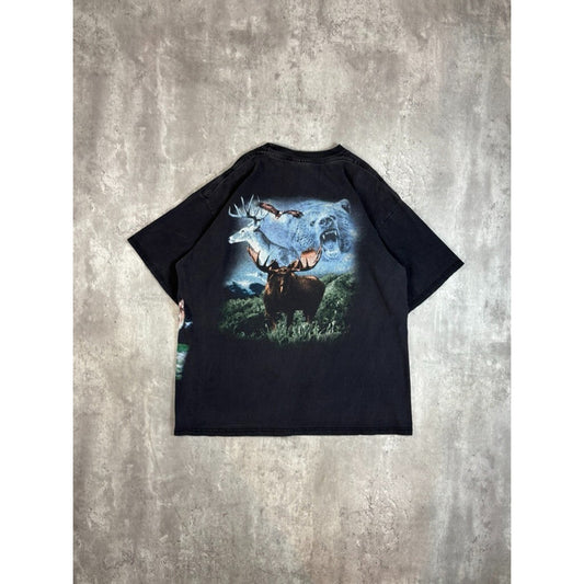 Vintage Bald Eagle Grizzly Bear Animal Nature Graphic AOP T-Shirt Size XL