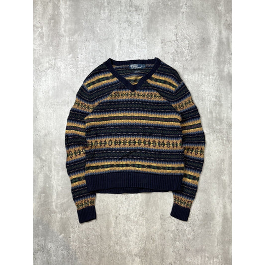 Vintage 90s Polo Ralph Lauren Abstract Striped V-Neck Knit Sweater Size Small