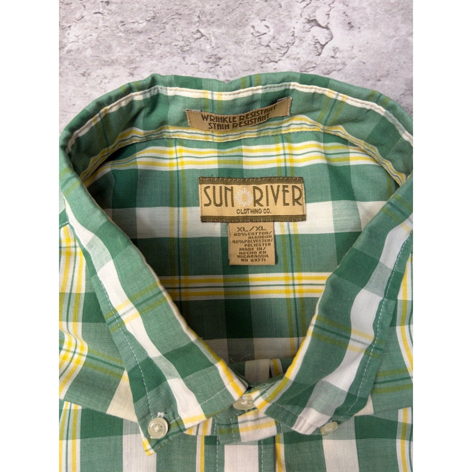 Vintage Sun River Single Pocket Plaid Short Sleeve Cropped Button Up Shirt Sz XL