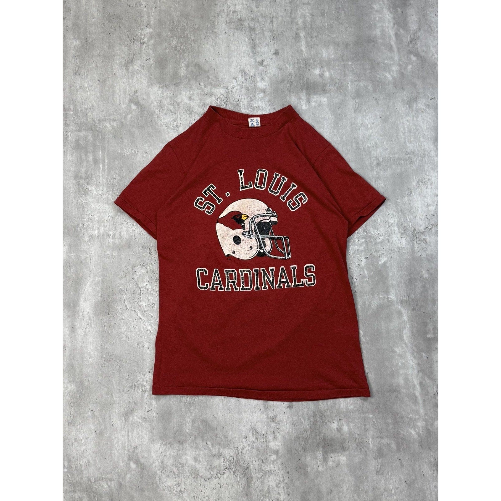 Vintage 80s St Louis Cardinals NFL Spellout Helmet Graphic T-Shirt Size Large